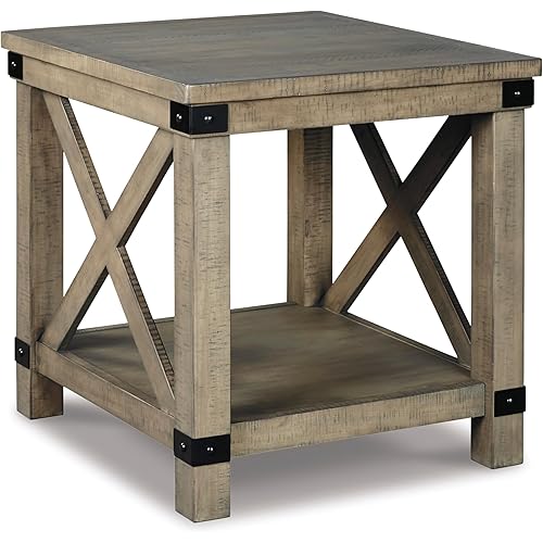 Signature Design by Ashley Aldwin Farmhouse Square End Table with Crossbuk Details, Light Brown