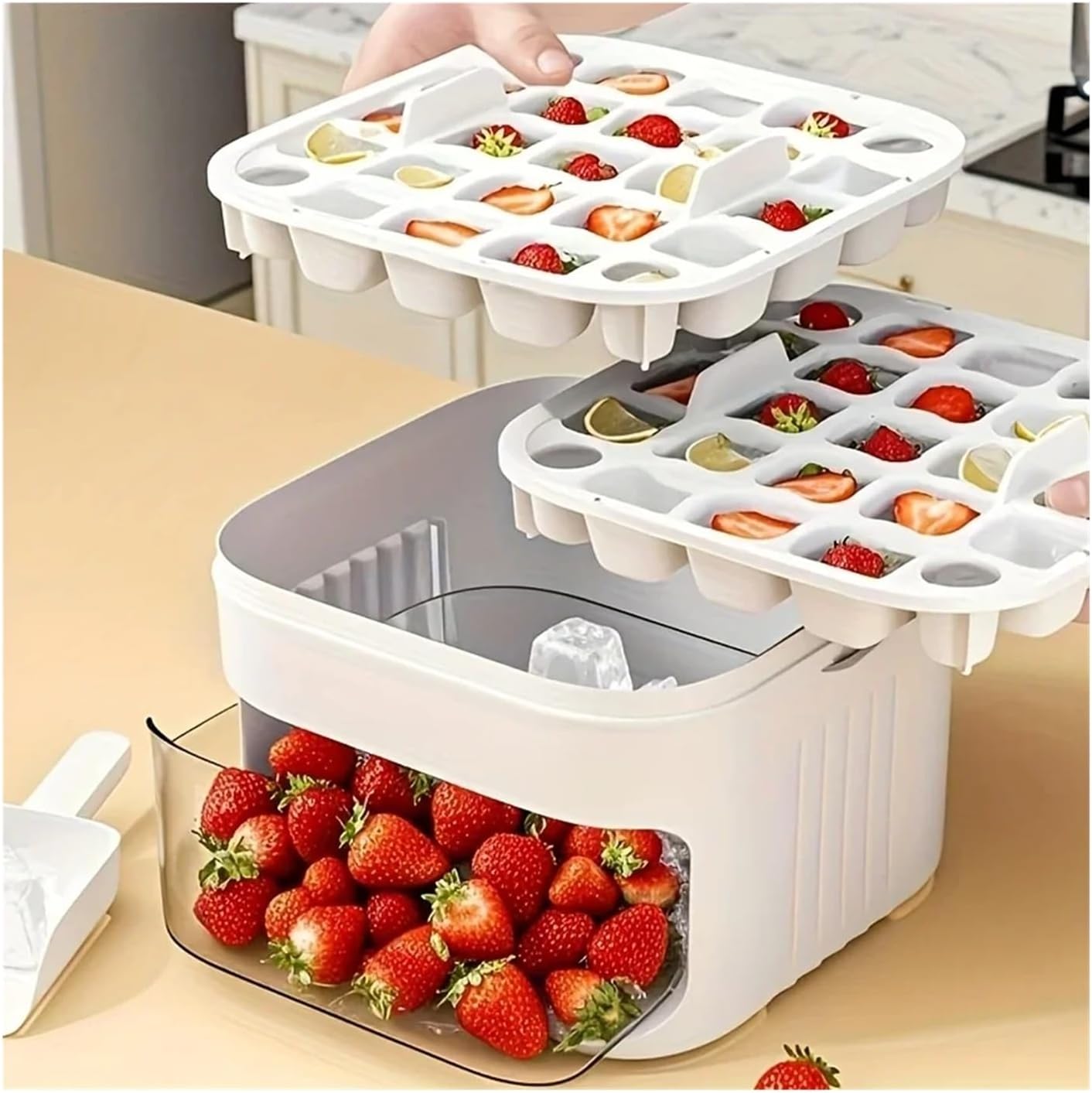 2-Layer Ice Cube Tray With Lid, Large Capacity & Space-Saving, Perfect For Small Freezers. Easy Make & Store(Red)