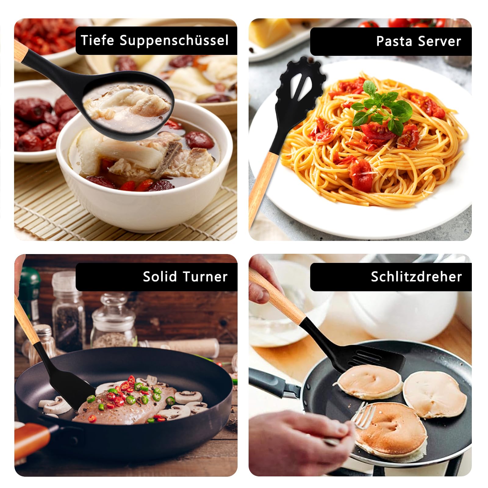 AVANA Set 5 Utensili Da Cucina In Silicone Nero - Resistente Al Calore 230°C, Antiaderente, Senza BPA - Frusta, Spatole, Pennello - 3