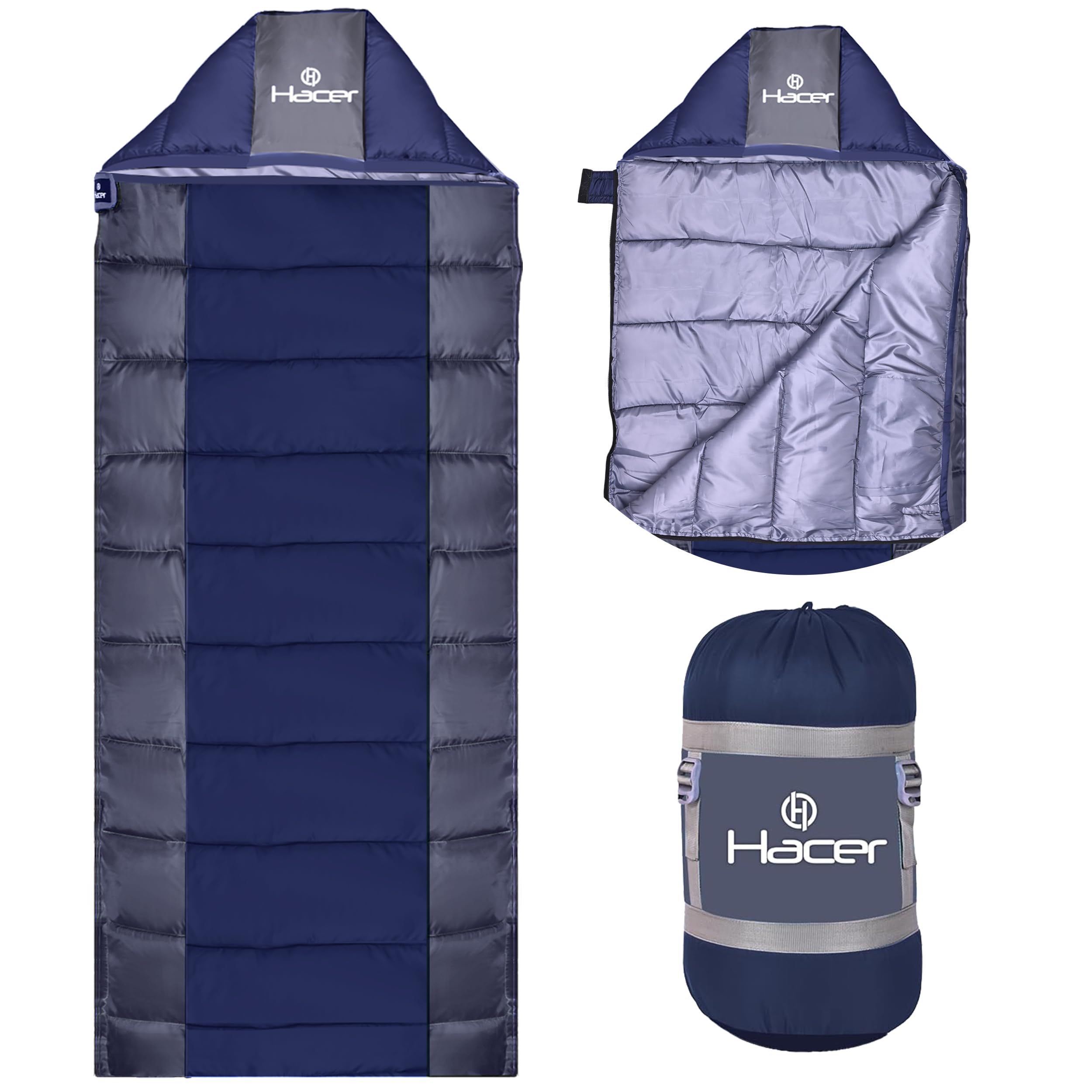 Hacer Aravalli 3in1 Camping Sleeping Bag Open Like Comforter & Mattress +6 to +20 Degree Winter Hiking Trekking Baby, Adult Men & Women Travelling Bags (Grey & Navy Blue, 7 Ft, 1.2 KG)