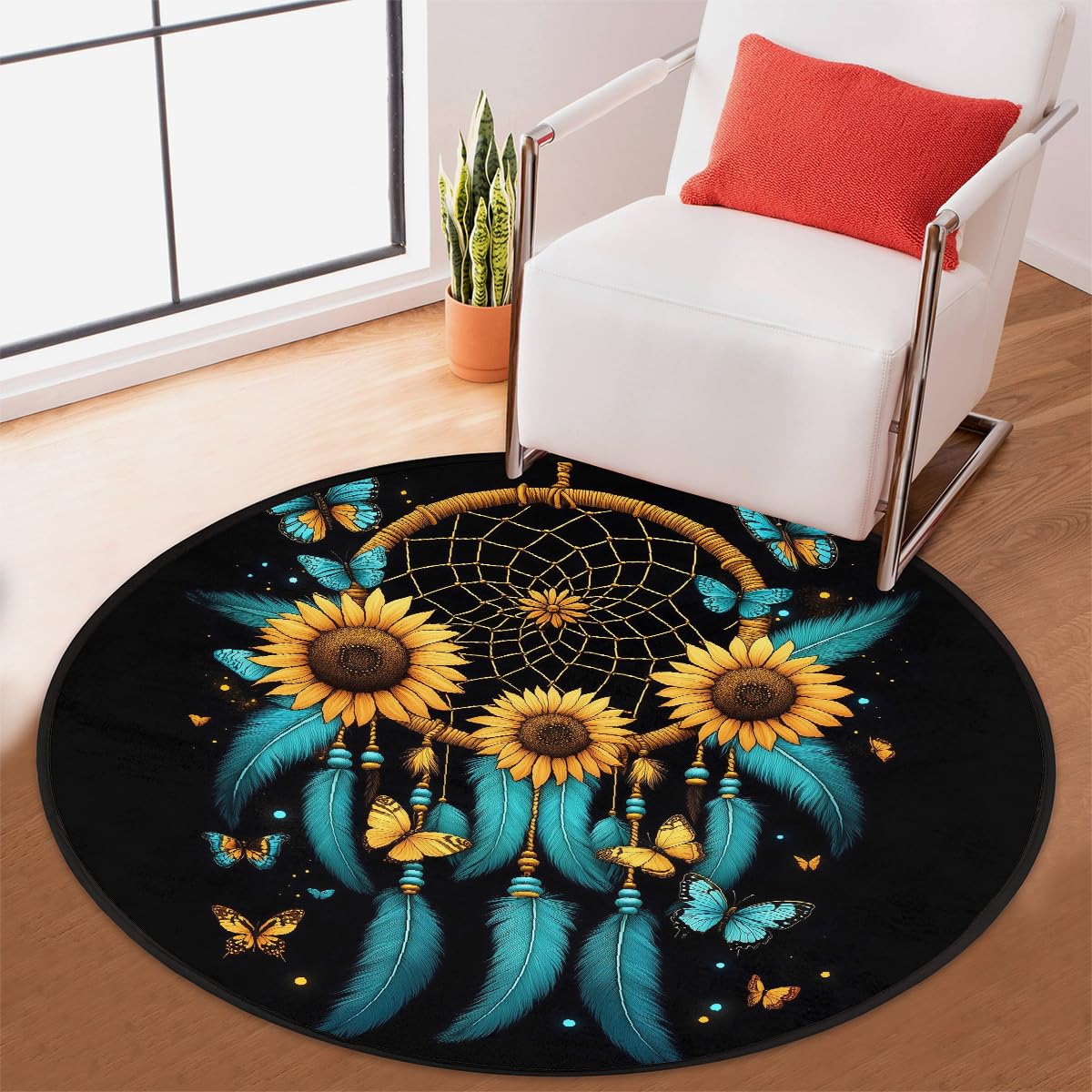 Türkisfarbene Federn, Traumfänger, Sonnenblumen, Teppich, rund, waschbar, Gaming-Teppich für Schlafzimmer, Wohnzimmer, Arbeitszimmer, Bodenmatte, 160 cm