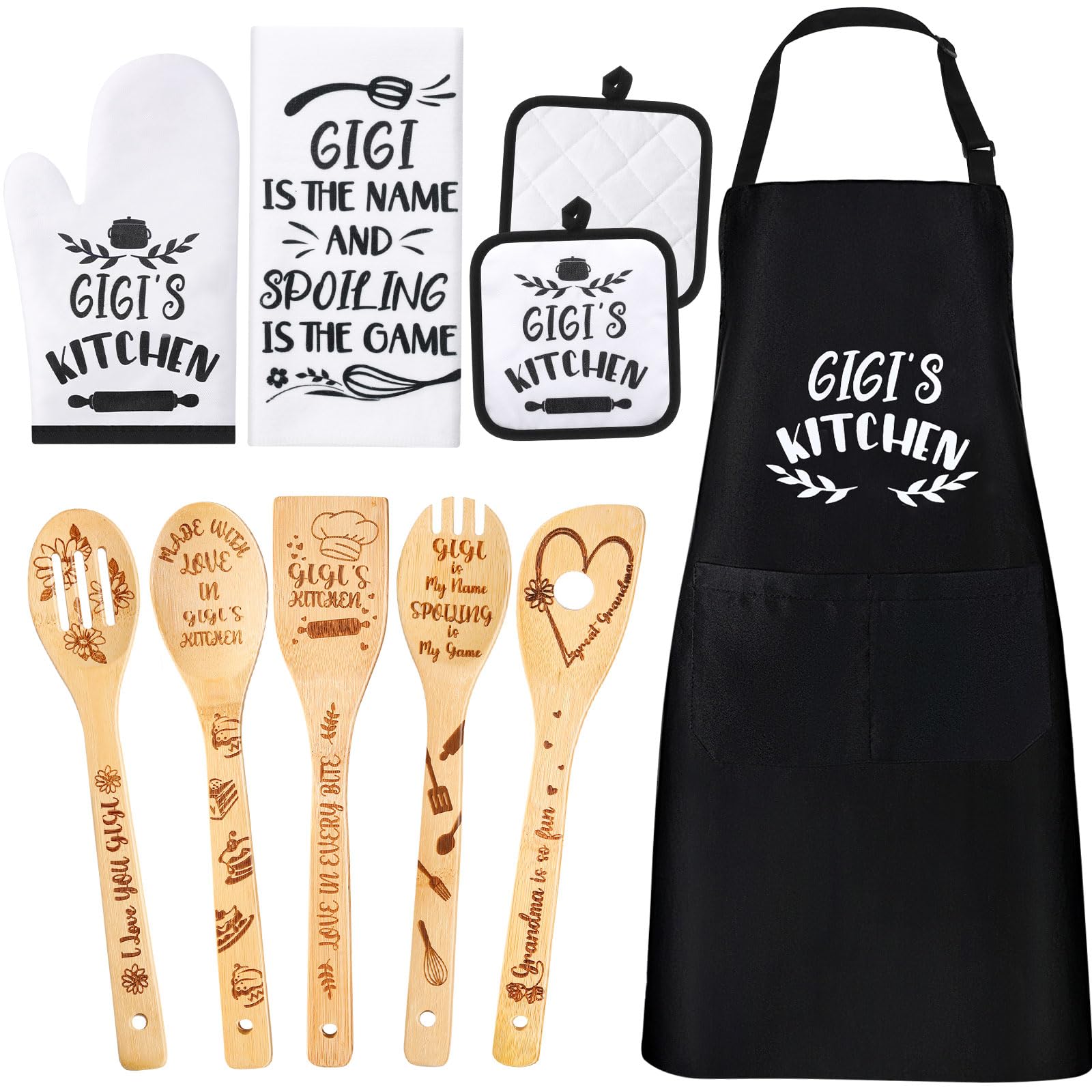 Leyndo 10 Pcs Christmas Gigi Kitchen Gifts Set Include Apron Tea Towel Tea Spoon Pot Holder Oven Mitt Bamboo Kitchen Cooking Spatula Baking
