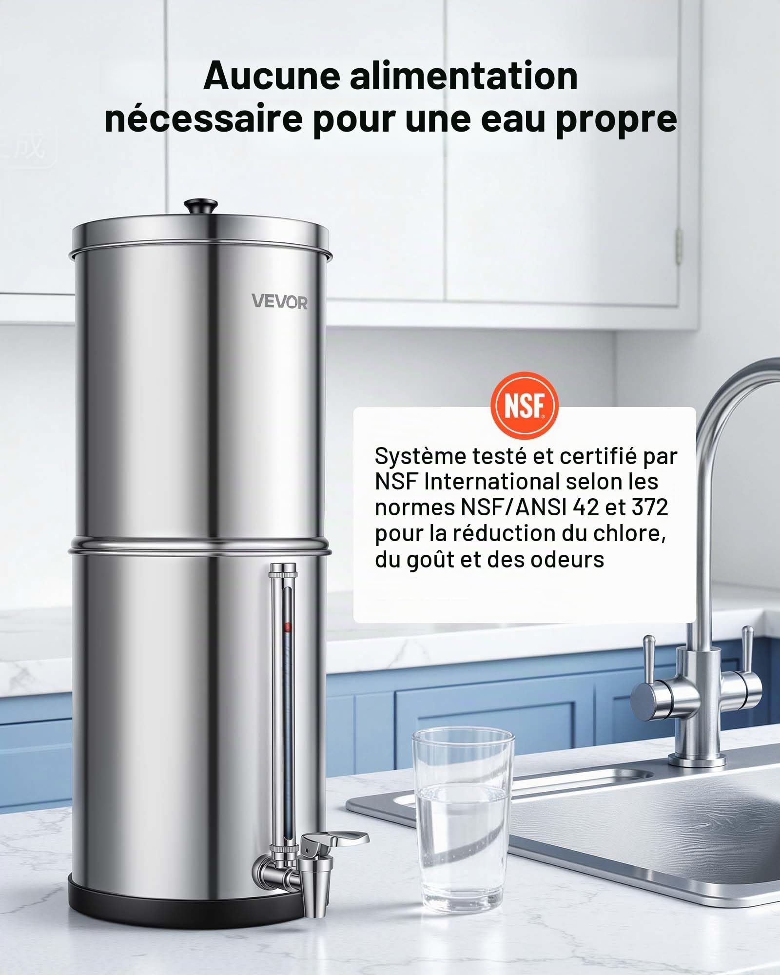 VEVOR Système de Filtration d'Eau par Gravité 5,68 L Filtre à Gravité Inox, Pour Camping, Fontaine Filtrante Réduction du Plomb et Jusqu'à 99% du Chlore, 2 Cartouches à Charbon, Jauge de Niveau d'Eau