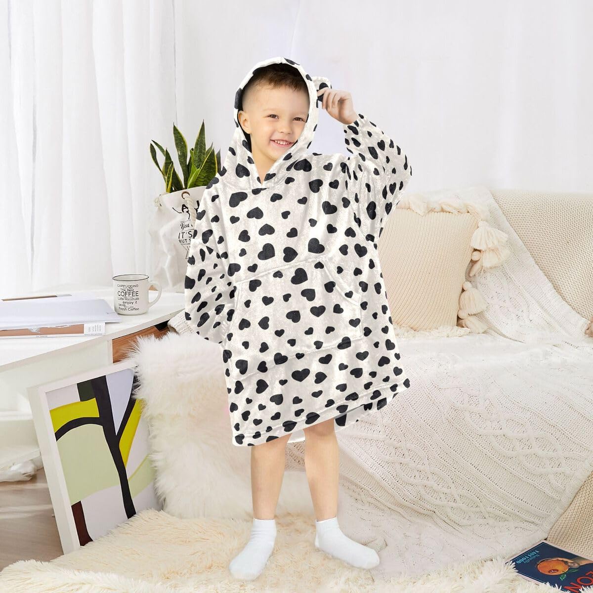 Czarne serca tekstura dzieci koc do noszenia bluza z kapturem oversize bluza koc sweter uroczy dla chłopców i dziewcząt w wieku 3-14 lat