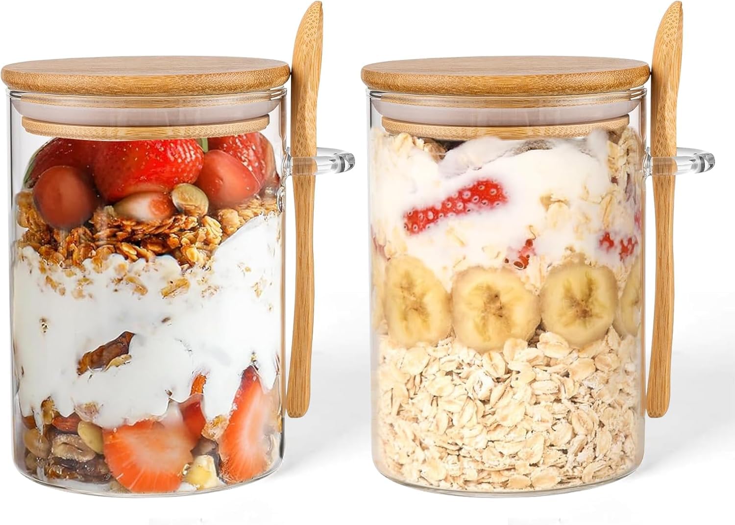ZhouZGlass 16oz Overnight Oats Containers with Lids, Overnight Oats Jars with Spoons and Stickers, Leak-Proof Salad Meal Prep Jar for Cereal, Yogurt, Chia Pudding (2 PCS)
