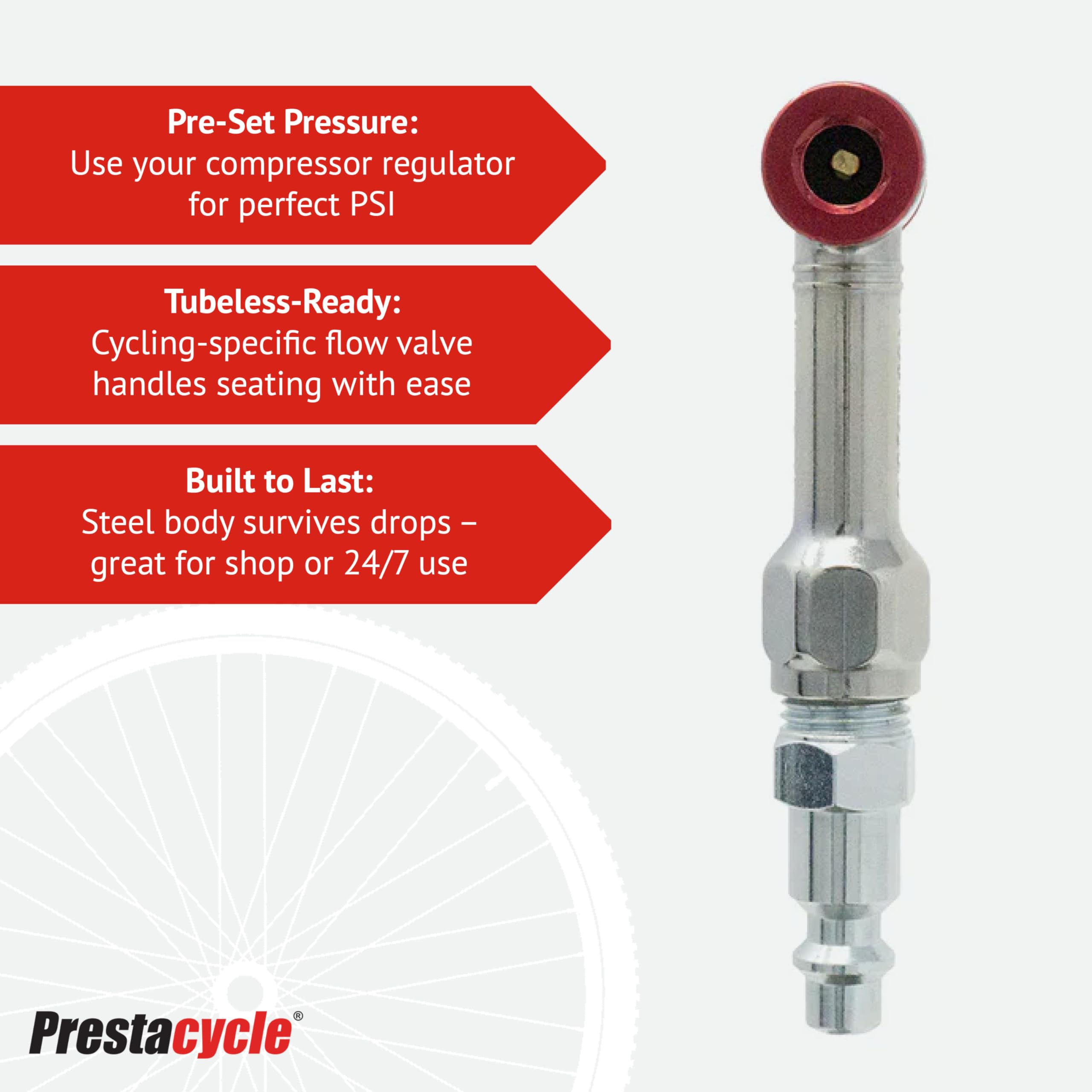 Prestacycle Prestaflator Mini Pro, tête de gonflage de Pneu de vélo, Valve de Pompe à air Presta/Schrader, Outil de gonflage pour Lignes de compresseur d'air, Outils et Entretien de vélo, Mini Outil
