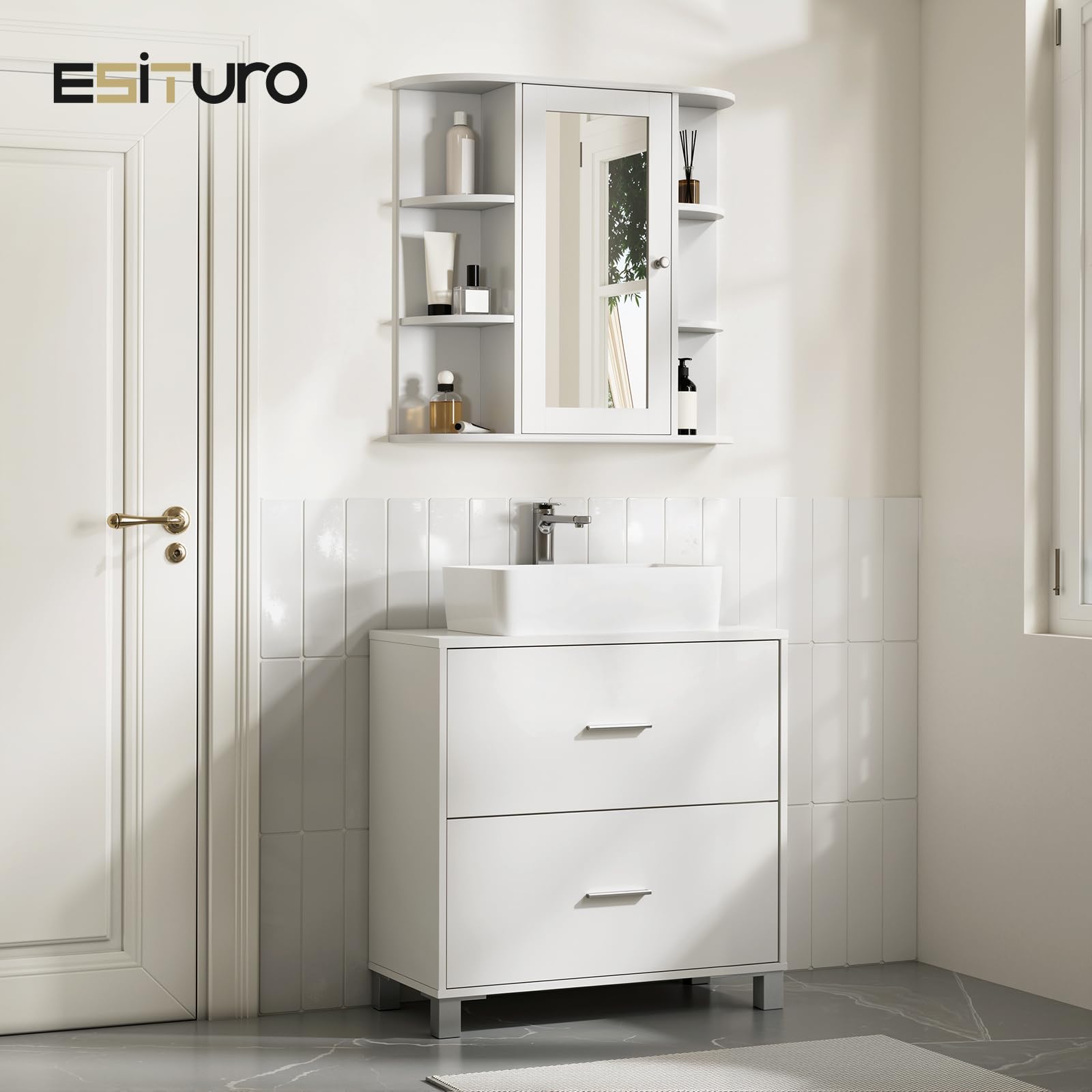 eSituro Armoire de Toilette avec Miroir et Porte, Moderne, Meuble Salle de Bain de Rangement Blanc, 60x58x16cm
