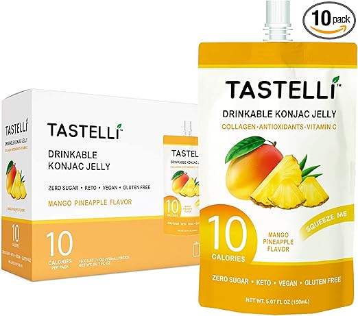 Konjac Jelly Infused with Collagen Drink + Vitamin C + Antioxidants / 10 Calories, Vegan, Zero Sugar/Healthy Drinkable Dessert Pouch / (Mango Pineapple) - 150mL x 10 Pouches