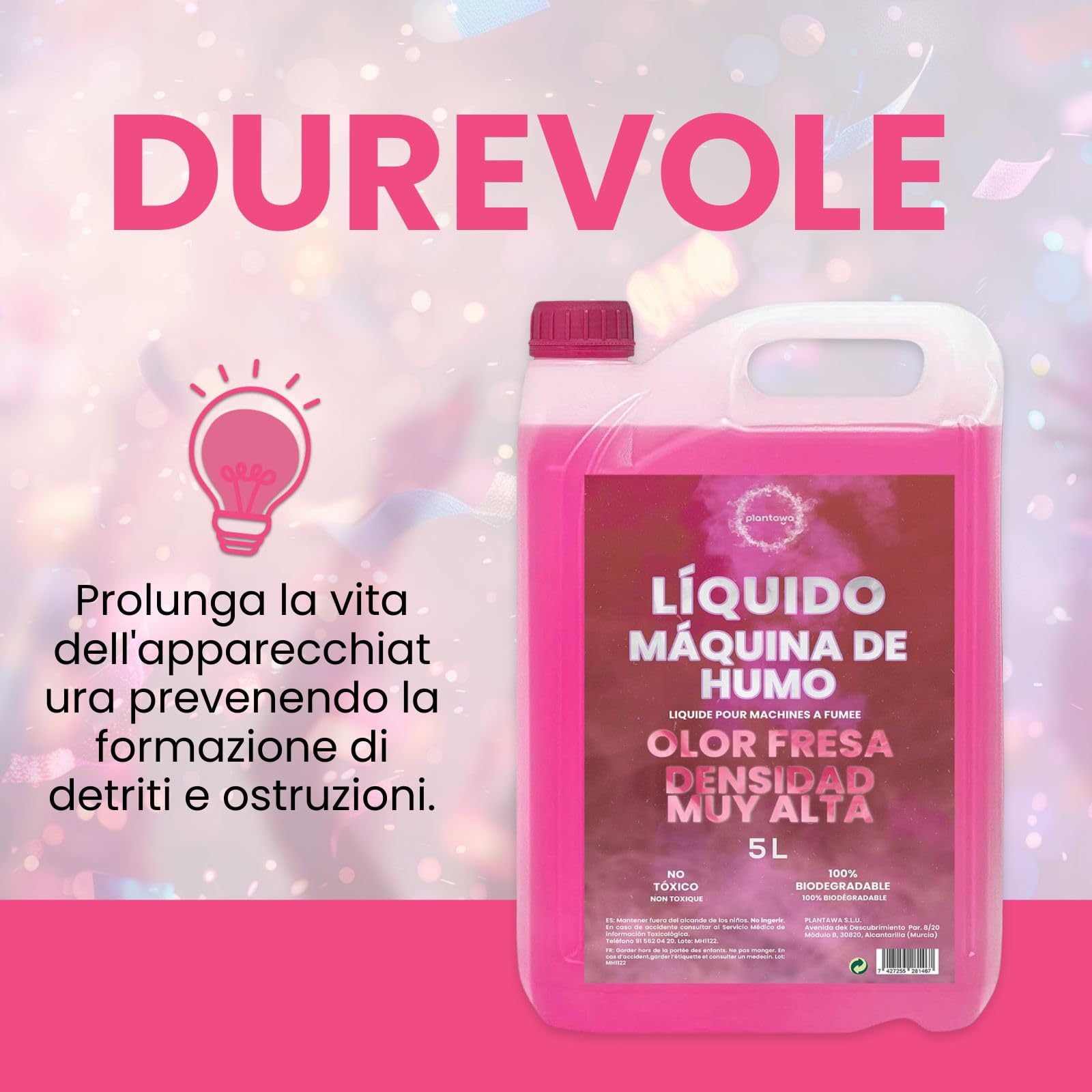 Plantawa Liquido Fumo Machine 5 Litri: Densità Molto Alta Odore Fragola, Macchina Fumo, Cannone Fumo, Fog Machine, Halloween olografico, Halloween Fumo, Fuoco d'artificio e Razzi
