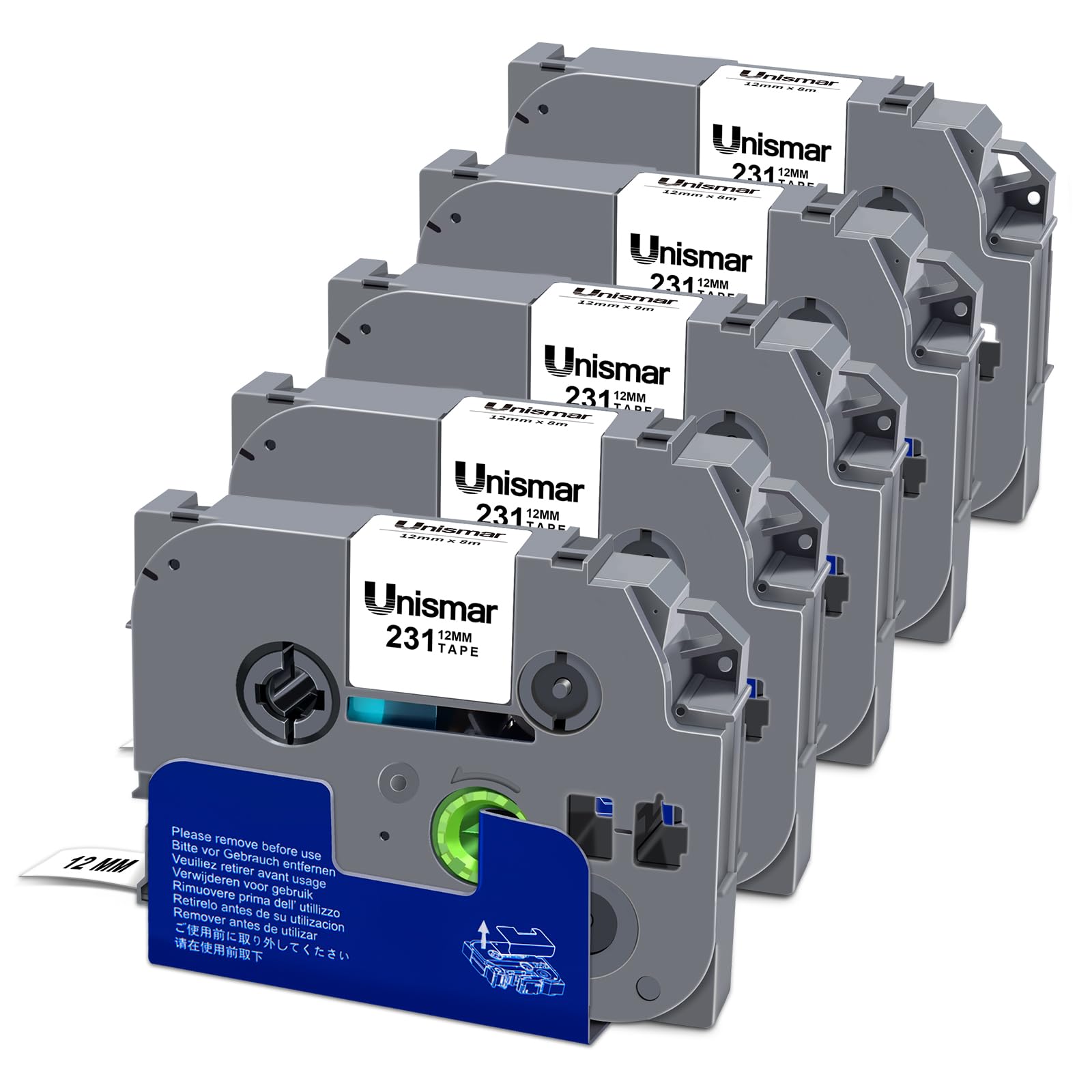 Unismar 5-Pack TZe TZ Tape 12mm 0.47 Laminated White Compatible for Brother P Touch Label Tape TZe-231 TZe231 TZ-231 Black on White for Ptouch PTD200 PT-D220 PTD210 PTD600 PTD400 PTH110 Label Maker