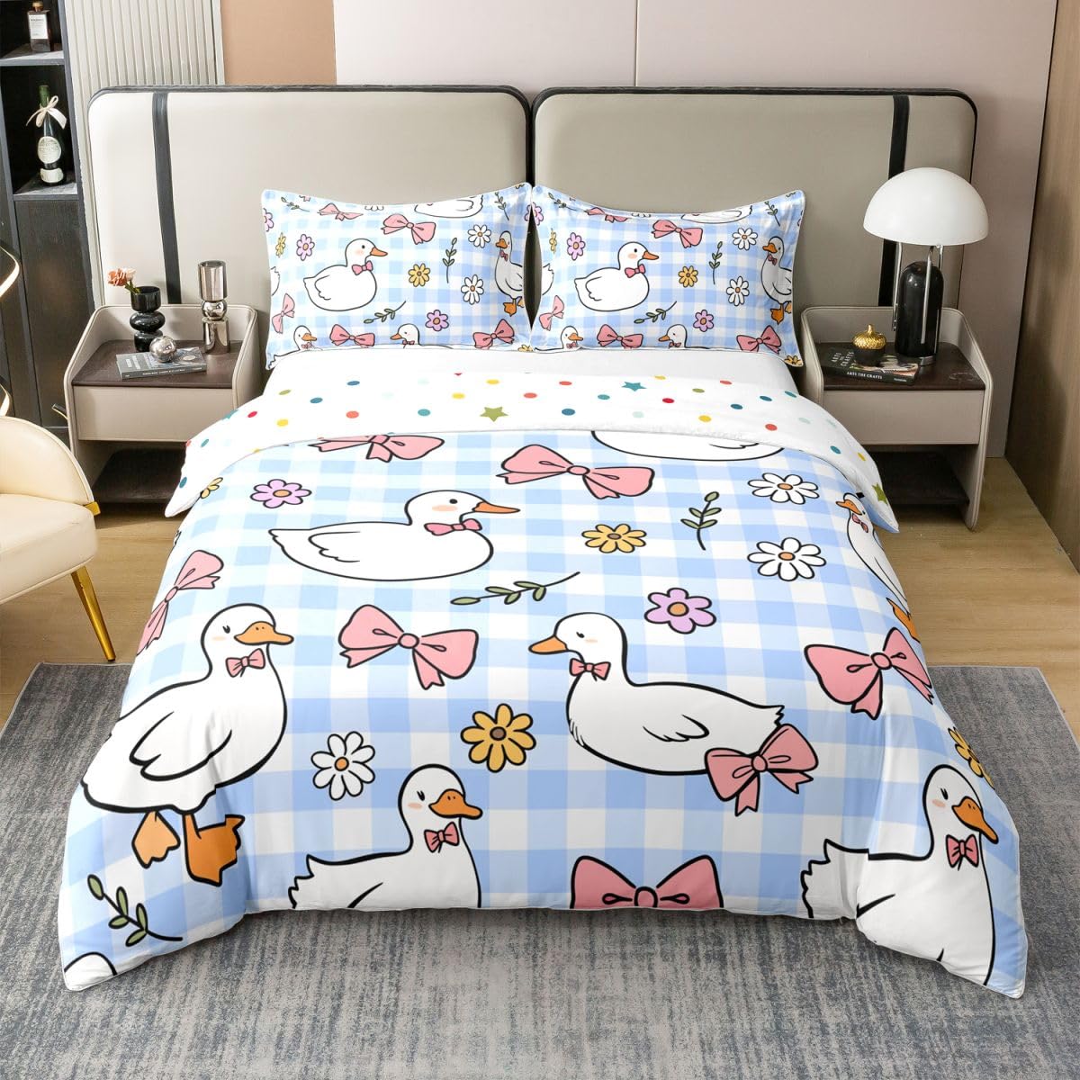 Loussiesd Kawaii Duck - Funda de edredón 100 % algodón, tamaño doble, para