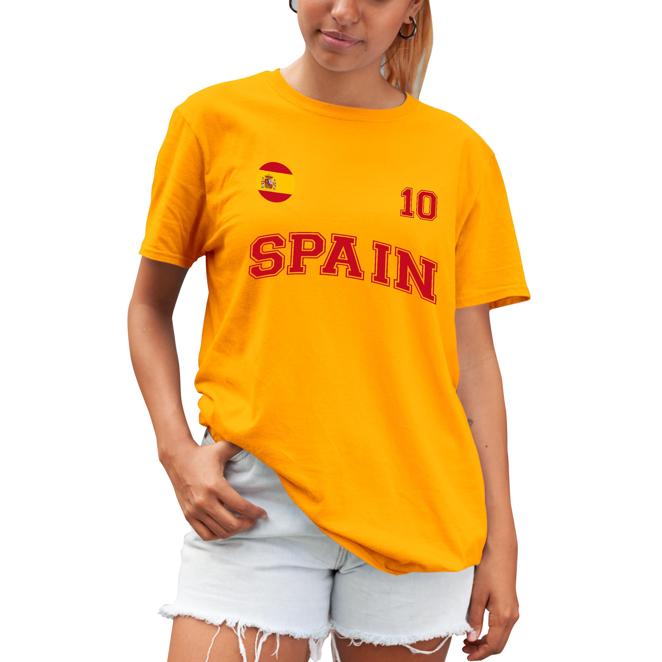 Purple Print House Spain T Shirt for Women - Custom Spanish City Name & No Badge Football Soccer Fan Unisex Tshirt Gift, L, Yellow