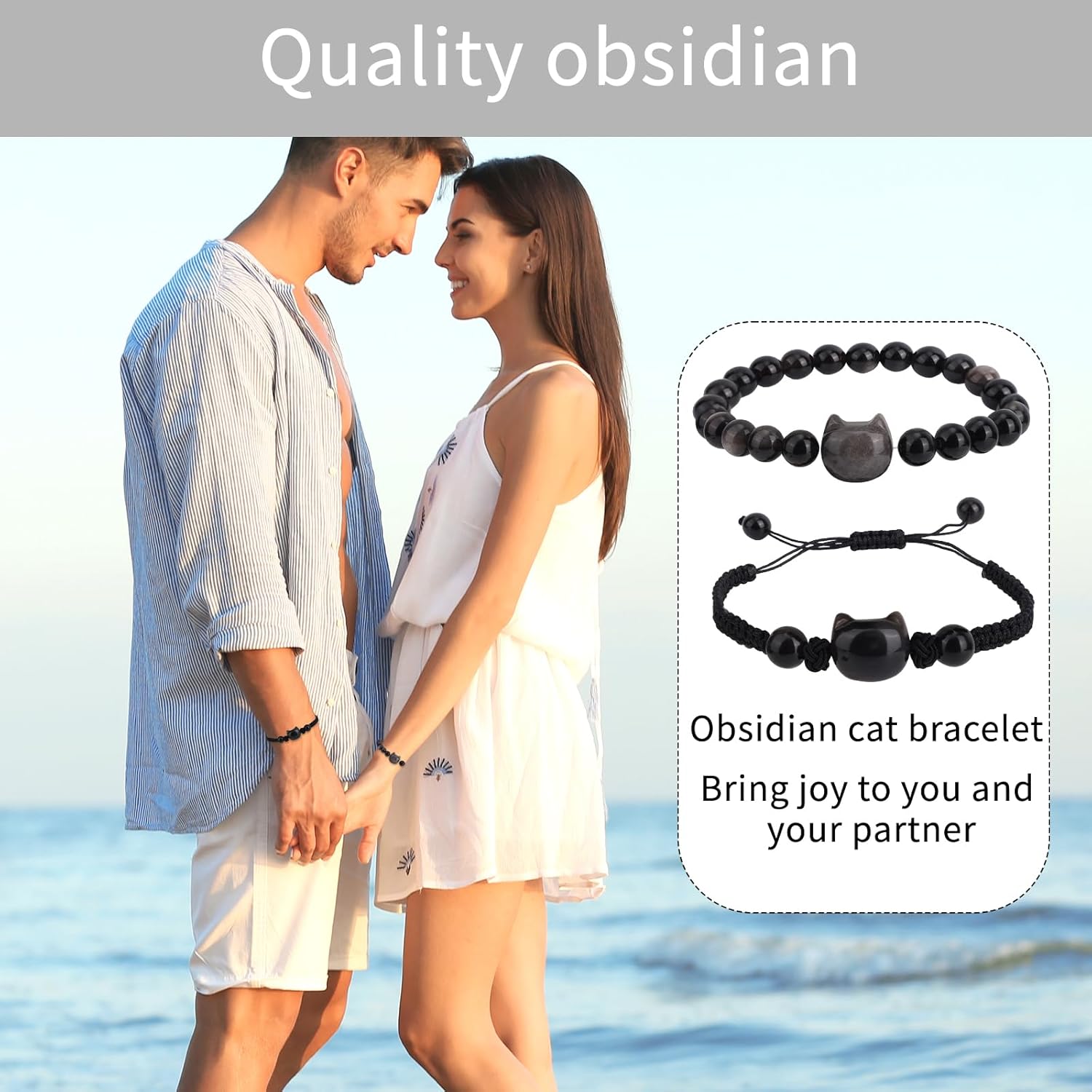2pcs Cat Bracelet Set, Black Obsidian Beaded Bracelet Good Luck Adjustable Braided Rope Cat Jewelry for Men Women - Image 6