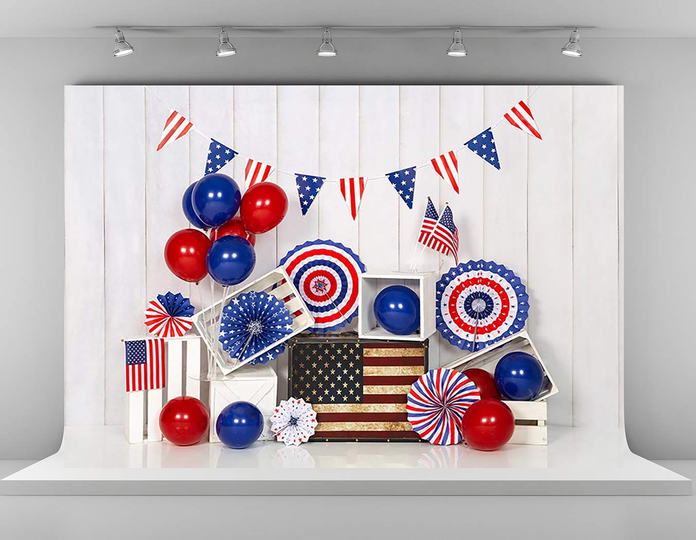 Kate 7x5ft American Flag Backdrops for Photography Independence Day Banner Background White Wood Wall Backgrounds Colorful Balloons Backdrop