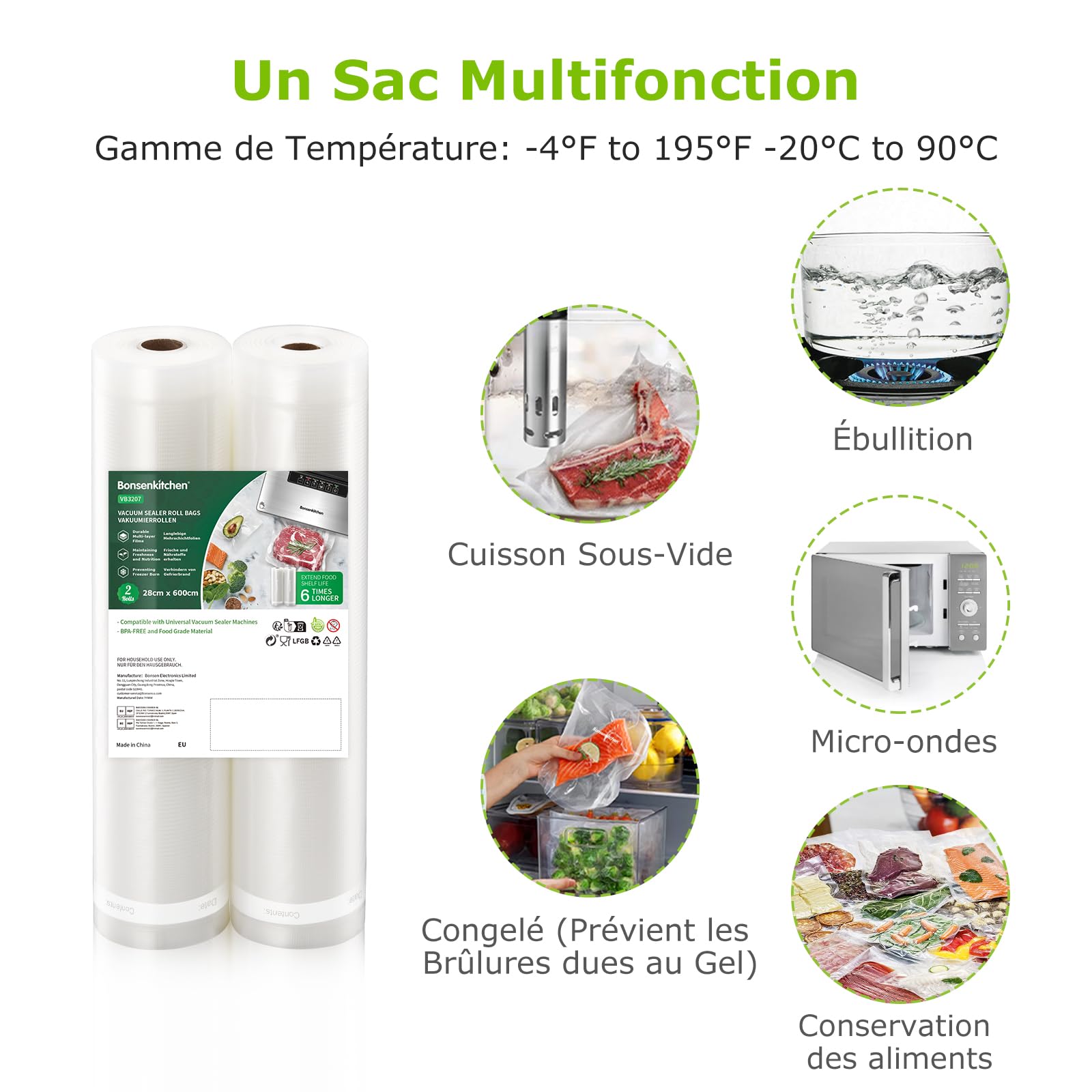 Bonsenkitchen Kit d'aspiration professionnel noir Aspirateur à vide haute performance 15L/min Lauréat du test Très bon Technologie Globefish + 2 rouleaux de film sous vide 28cm×6m sans BPA