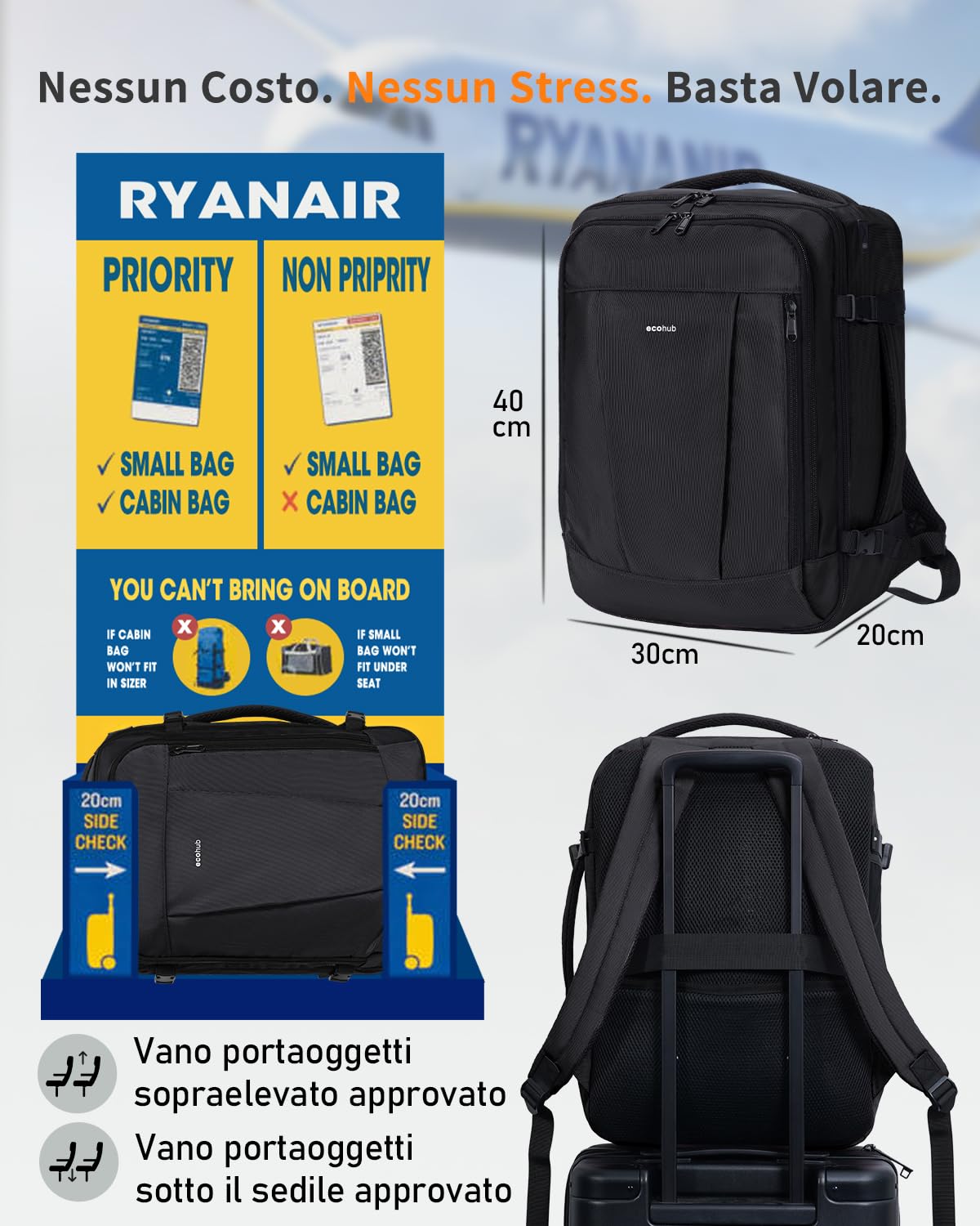 ECOHUB Zaino Ryanair 40x30x20 cm, Bagaglio a Mano 24L, 13 Tasche, Leggero | Tasca Antifurto, Sotto il Sedile, Cerniere SBS, Apertura a 180°, Resistente all'acqua, Materiale Riciclato, per Viaggi Aerei