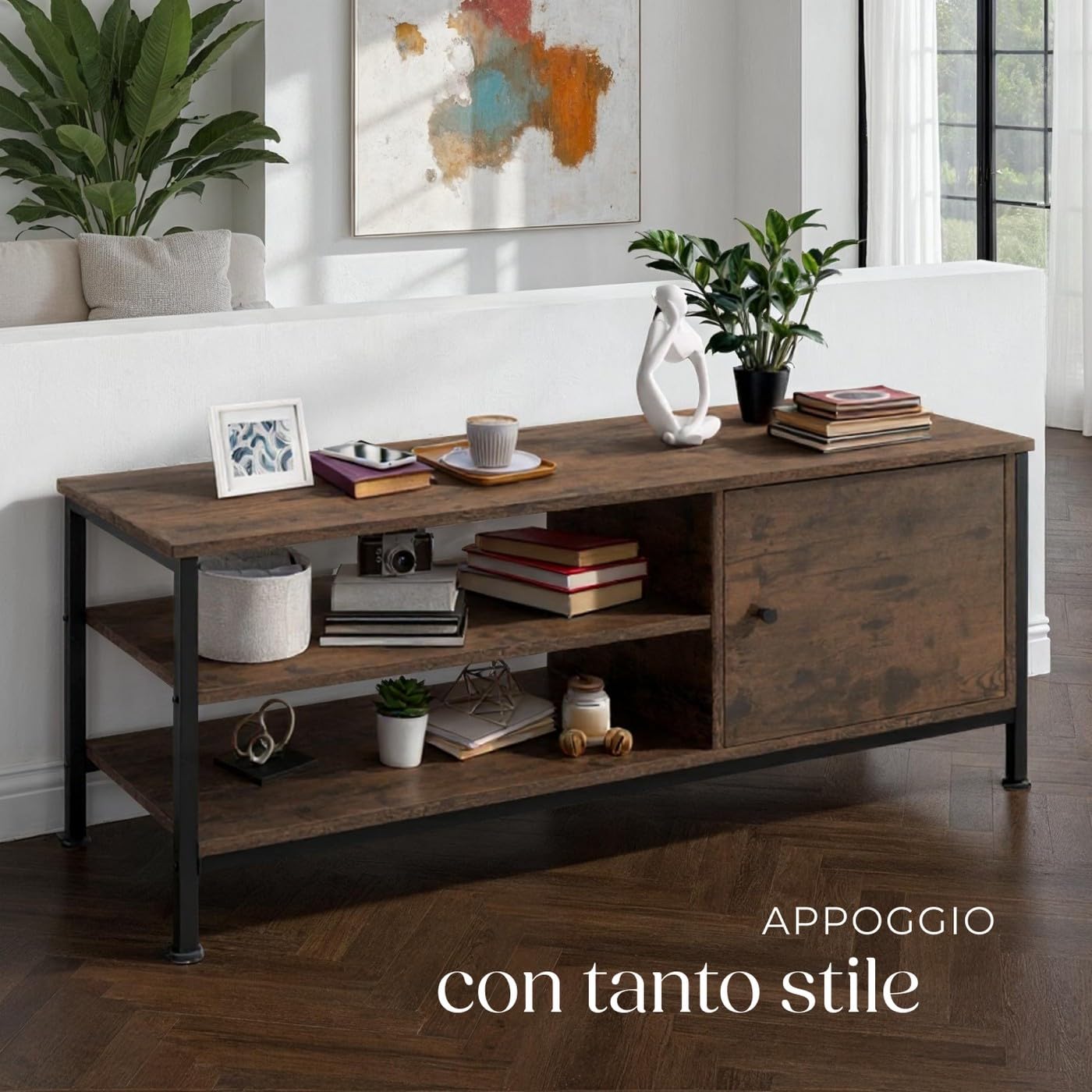 tectake® Mobile TV 110x40x45,5cm, Mobile Soggiorno Stile industriale, Ideale TV 50 pollici, Home Theater 2 ripiani Aperti e 1 Scomparto con Porta, Fori per Cavi Televisore, Mobiletto - Legno Scuro