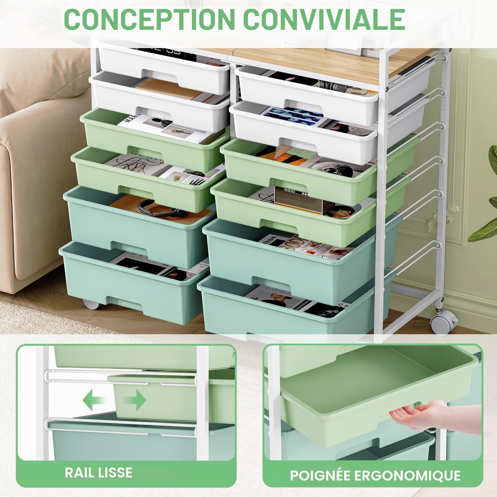 Chariot à 12 tiroirs SYKIARIOL - Rollcontainer - Chariot de rangement pour salle de bain - Chariot polyvalent pour loisirs créatifs, chariot à outils et chariot de rangement avec plan de travail