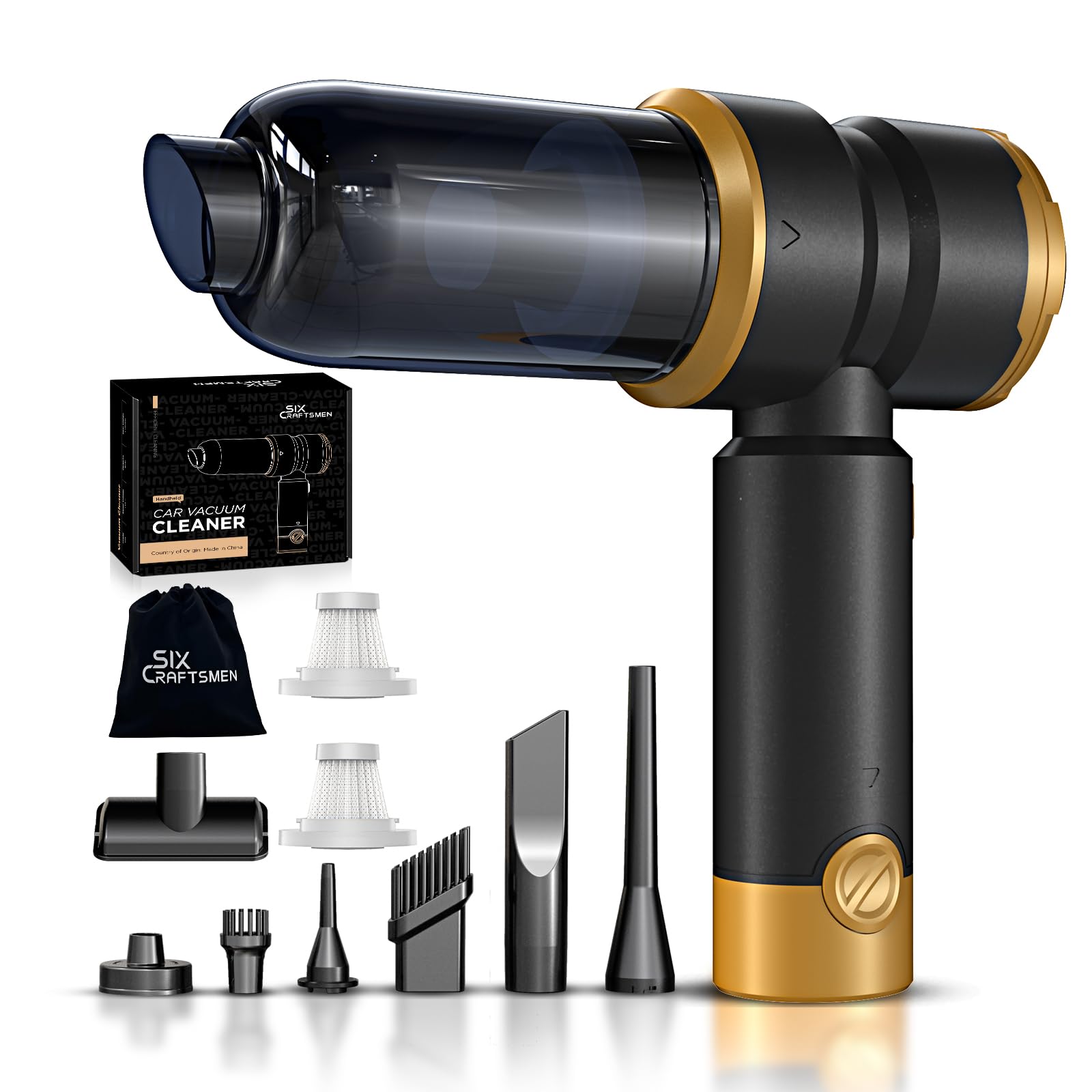 Photo 1 of Handheld Car Vacuum Cleaner, 4-in-1 Cordless Rechargeable Mini Vacuum with Air Duster – Quickly Clean Crumbs, Pet Hair & Crevices in Car, Office, Home. Ideal for Commuters & Office Workers (Gold)