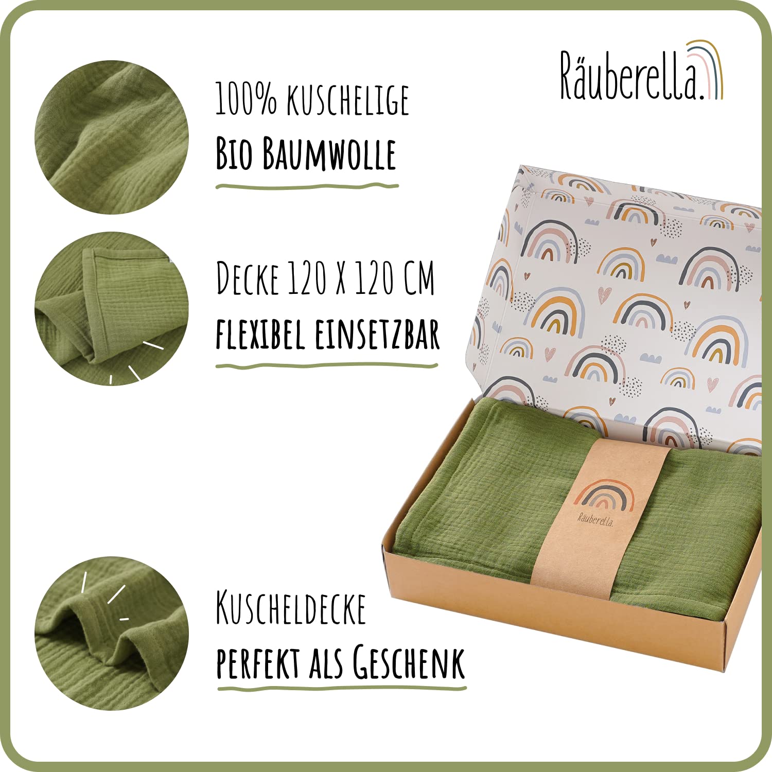 Räuberella ® Coperta originale 120 cm x 120 cm, in 100% mussola cotone biologico, regalo per la nascita per neonati (oliva)