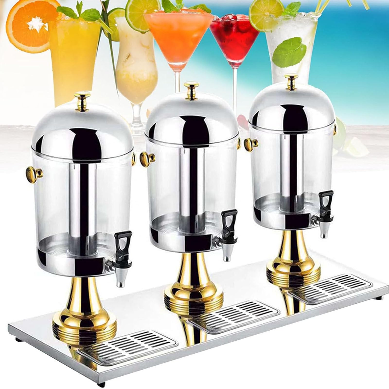 Distributeur Jus Commercial,Machine à Boissons Froides en Acier INOX à Double Température Chaude Et Froide, Distributeurs Boissons en Verre Transparent pour Bars Petit-Déjeuner,Gold