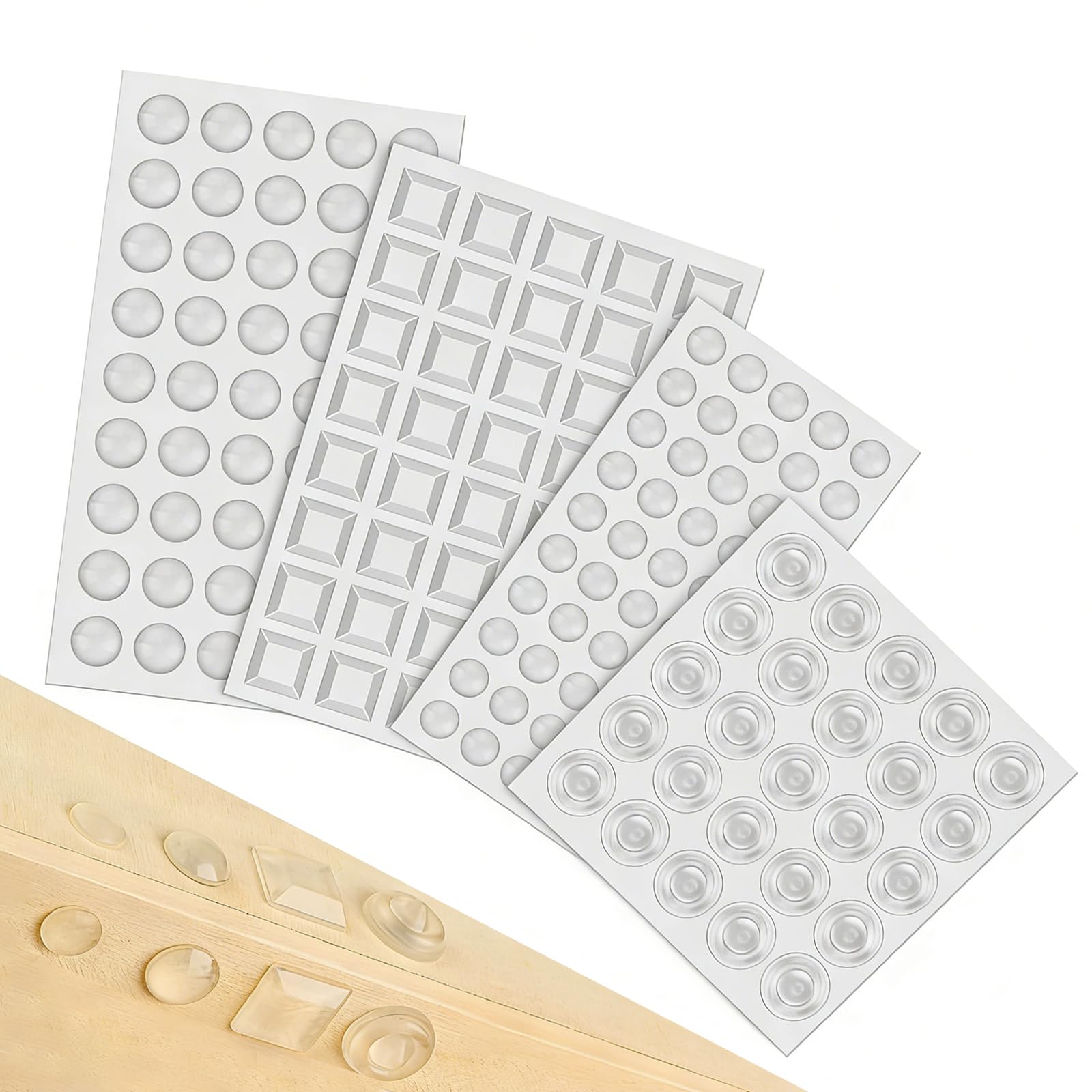165 Pack Adhesive Furniture Bumpers,4 Shapes Clear Rubber Bumper Pads, Cabinet Door Silencer, Self Adhesive Rubber Feet for Cupboards, Drawers, Glass Tops, Picture Frames, Sound Dampening