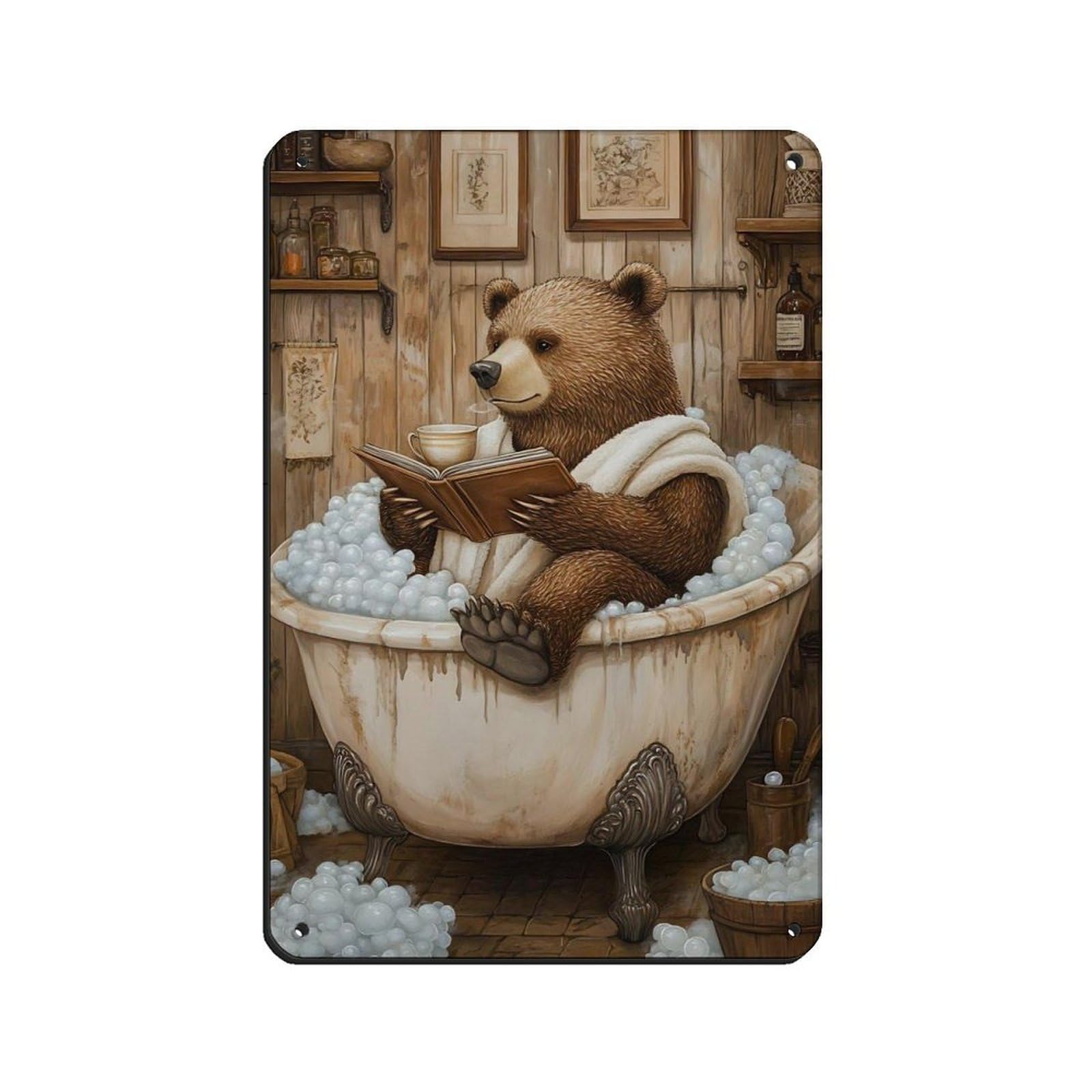 Whimsical Bear Bathtub,Bathroom Decor Retro Poster Metal Tin Sign Chic Art Retro Iron Painting Bar People Cave Cafe Family Garage Poster Wall Decoration 8x12inch(20x30cm)