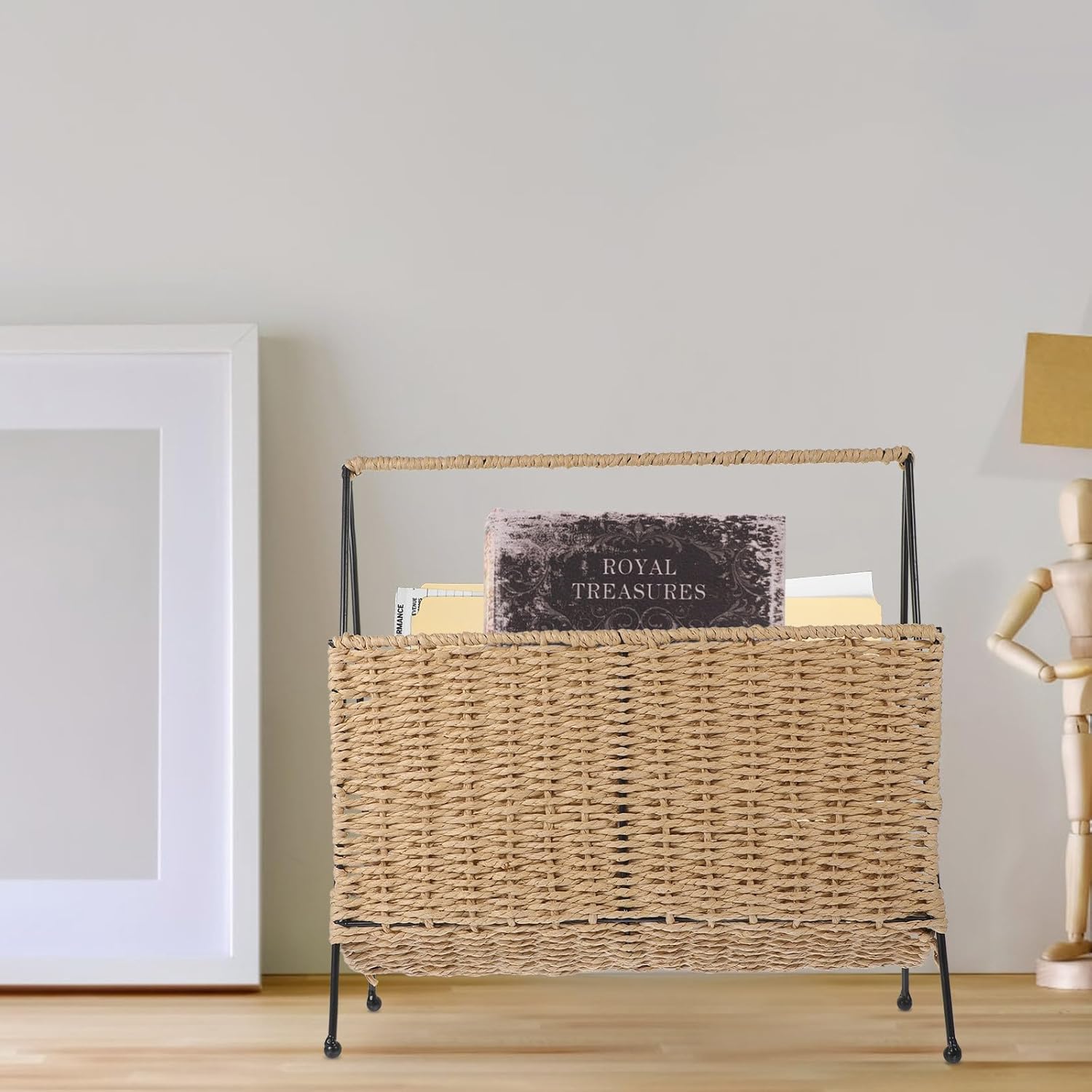 Hand Woven Japanese Style Storage Basket with Lid, Rustic Snack and Book Organizer, Natural Straw Sundries Holder for Home and Office