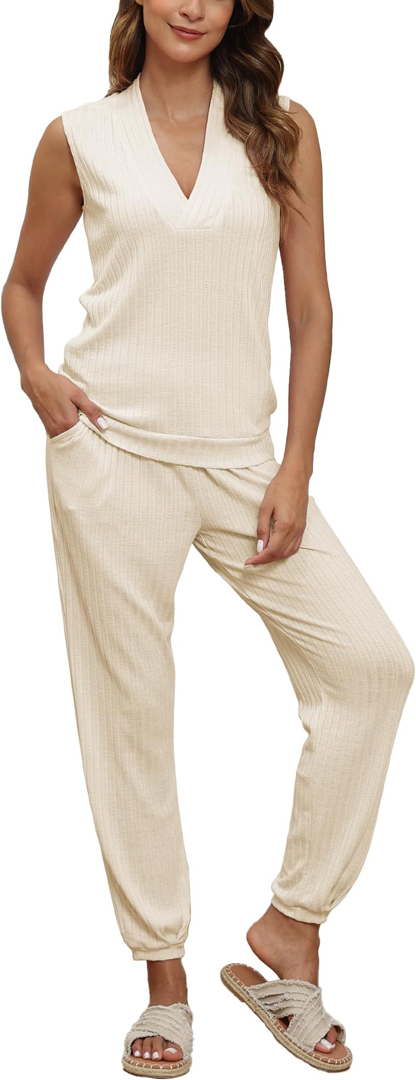 Summer Ribbed Clothes Sets for Women V Neck Side Split Vest Tops and Jogging Bottoms with Pockets, 2 Piece Outfits Tracksuits Loungewear Sleepwear