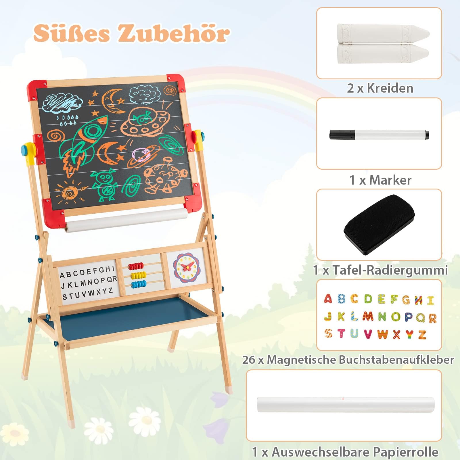 COSTWAY Kindertafel 360°drehbar, Spieltafel doppelseitig mit Kreidetafel & Whiteboard, Magnettafel Holz mit Ablage, Papierrolle, Abakus, Uhr & Alphabet, Standtafel für Kinder ab 3 Jahren