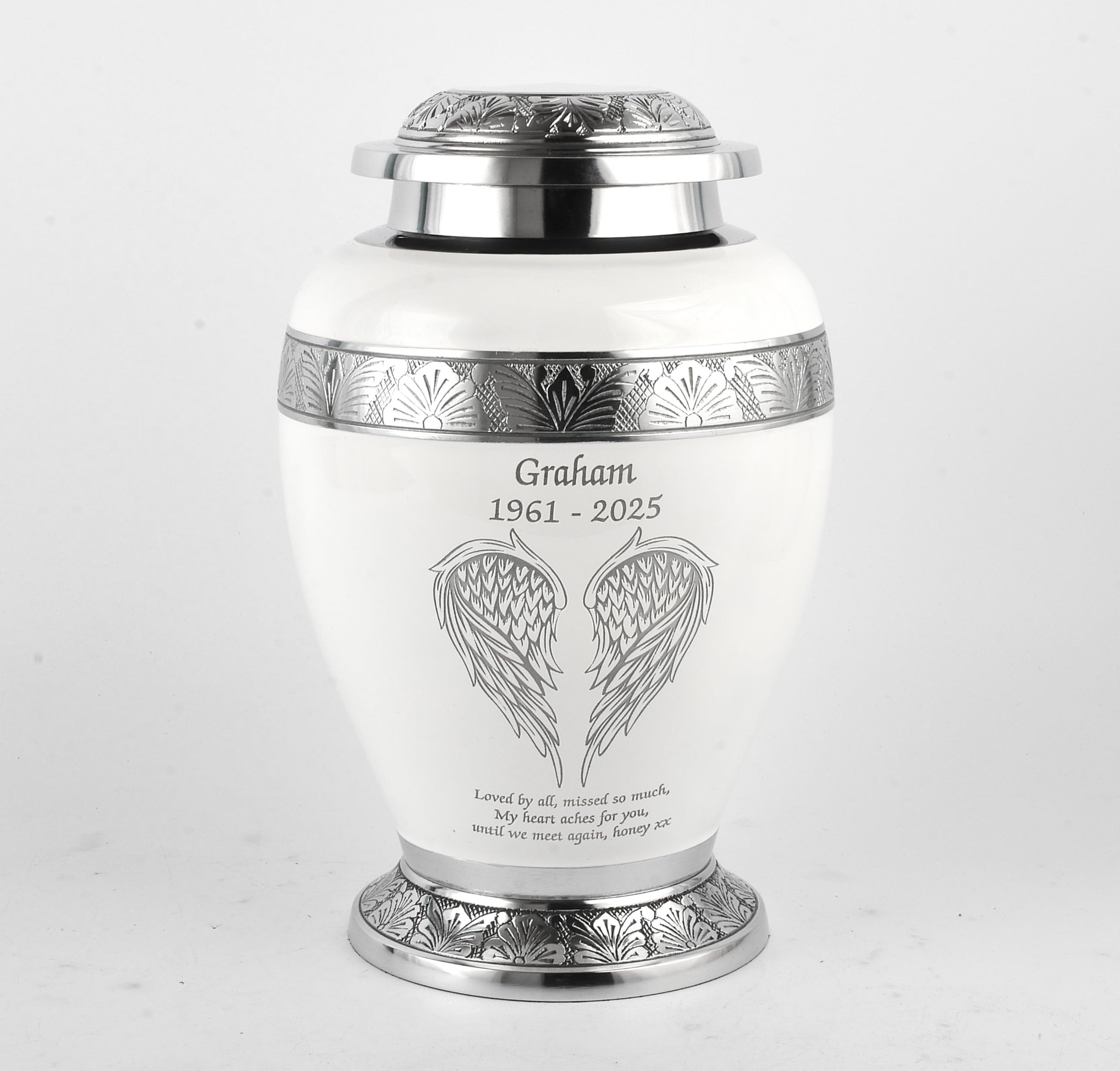 Urnswithlove Personalised Elegent White Personalised Cremation Urn For Human Ashes – Aluminium Angel Wing Design – Elegant Funeral Container And Memorial Vessel Holds Remains Up To 90Kg Or 14 Stone (Personalised Elegent White)