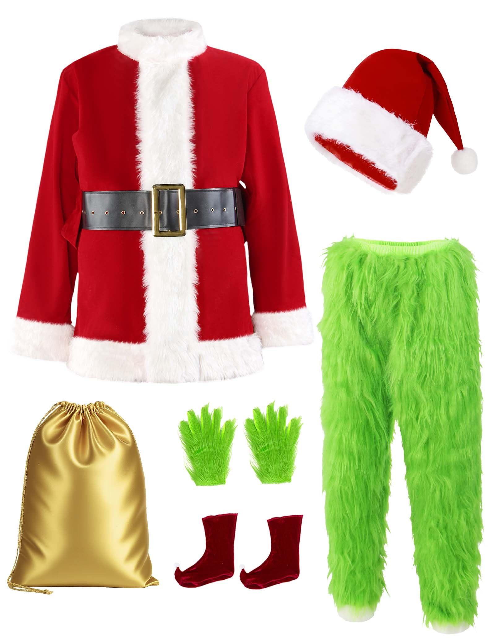 ACH Christmas Costume Adults Men Santa Claus Suit 7PCS Deluxe Professional Furry Xmas Halloween Cosplay Outfit for Adult