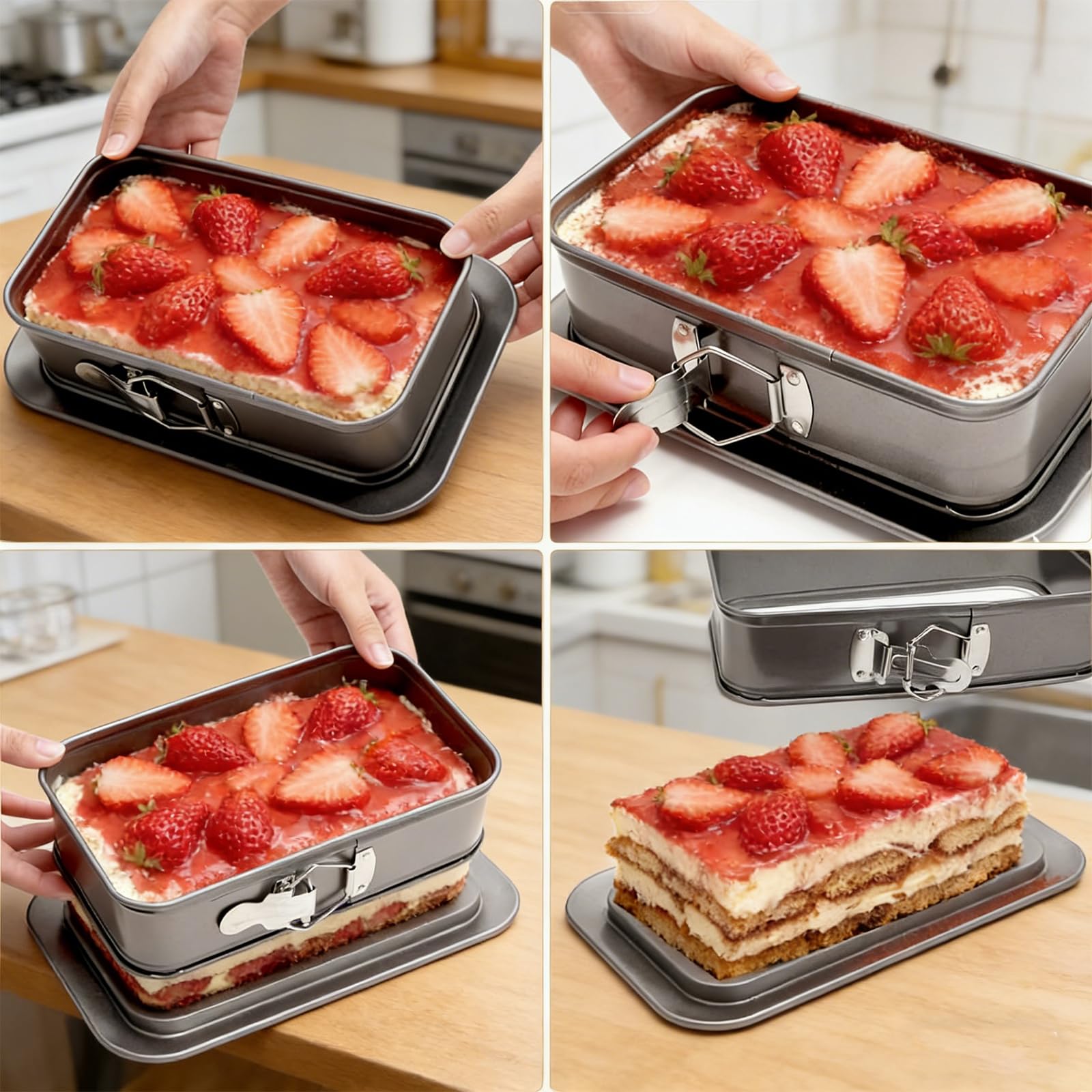 Backform Rechteckig, Springform Eckig Set Antihaft Kuchenform, Kleine Backformen mit Servierboden & 3 Silikon Teigschaber, für Käsekuchen, Tiramisu und Heimbacken