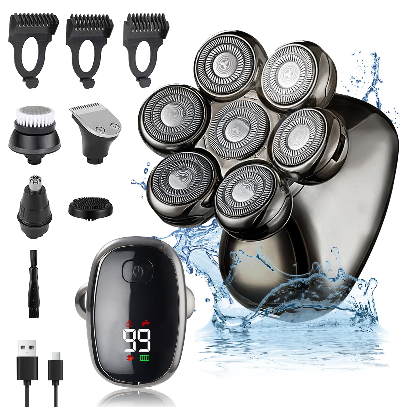 BelonLink 5 en 1 Afeitadora Cabeza Hombre, 7D Afeitadora Eléctrica Hombre Recargable USB, Maquina de Afeitar Impermeable, Maquinilla Afeitar Cabeza en Seco y Húmedo, Recortadora Barba con Pantalla LED