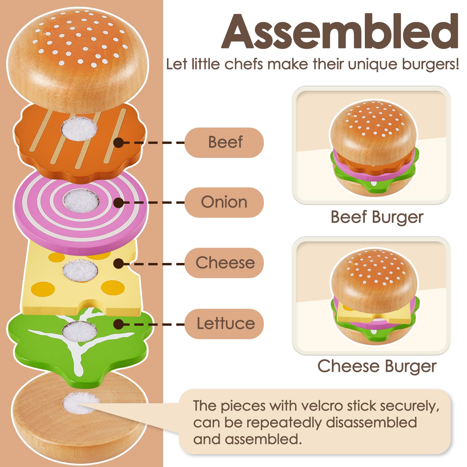 BUYGER Giochi Cucina Legno Giocattoli per Bambini 3 + Anni, Hamburger Hotdog Cibo Finto Giocattoli, Accessori Cucina Bambini, Regalo Compleanno per Ragazzo Ragazza 3 4 5 Anni