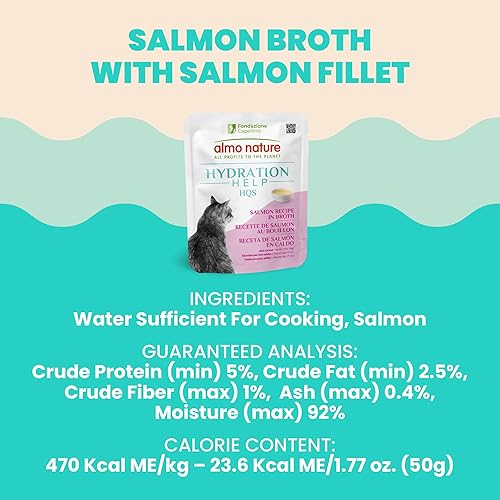 almo nature HQS Hydration Help - Wet Cat Food - Salmon Broth with Salmon Fillet, Flake and Broth - Wet Cat Food for Adult Cats - Additive Free, Grain Free - Pouches, 1.77oz (Pack of 12)