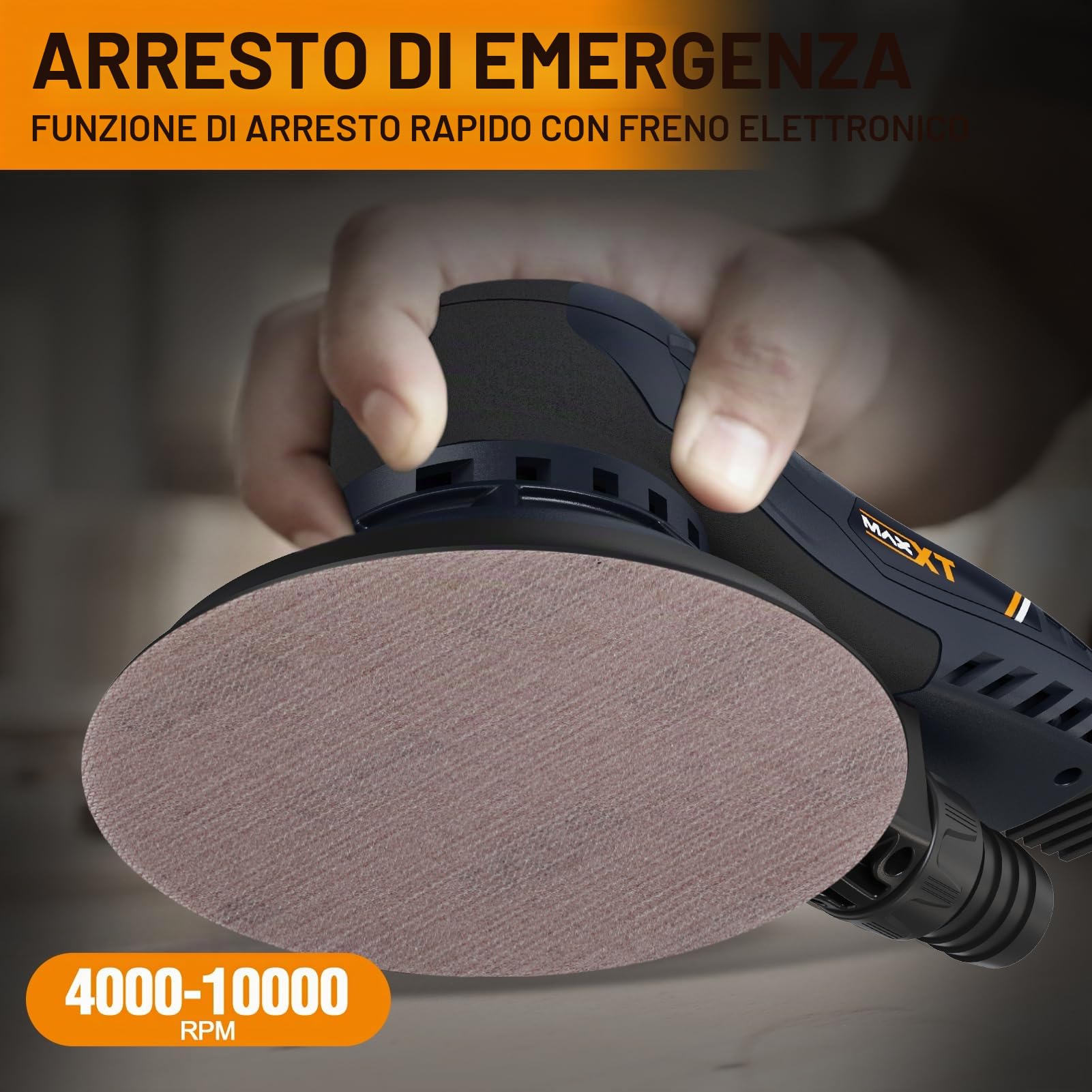 Smerigliatrice elettrica MAXXT senza spazzole da 350 W - Levigatrice orbitale 5.0 con dischi da 150 e 125 mm, attacco a tre punti, 4000-10000 giri/min (6 livelli), con 20 fogli