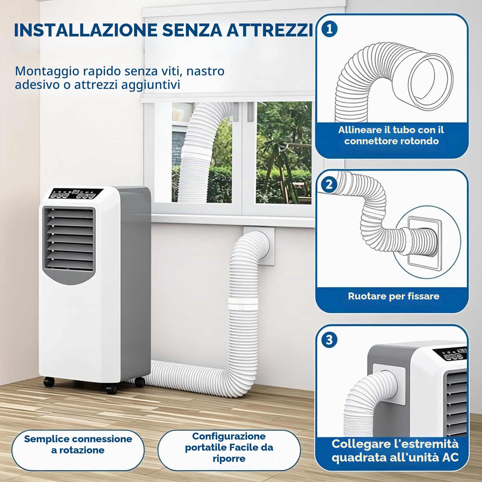 Tubo di scarico per condizionatore con connettore quadrato, costruzione in ABS e polipropilene, lunghezza regolabile per camera da letto, soggiorno, ufficio (giunzione + tubo da 250 cm)