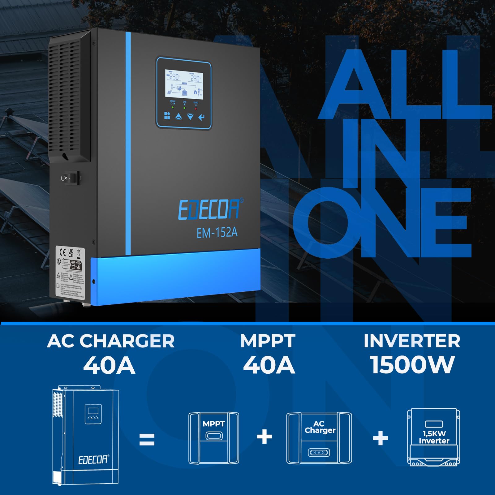 EDECOA Inverter ibrido 1500W 24 V 230 V 1500 VA caricatore solare MPPT 40 A Pur Sinus 30 – 150 Vdc Off-Grid BMS Comunicazione Caricabatterie Priorità di rete Regolatore di carica solare