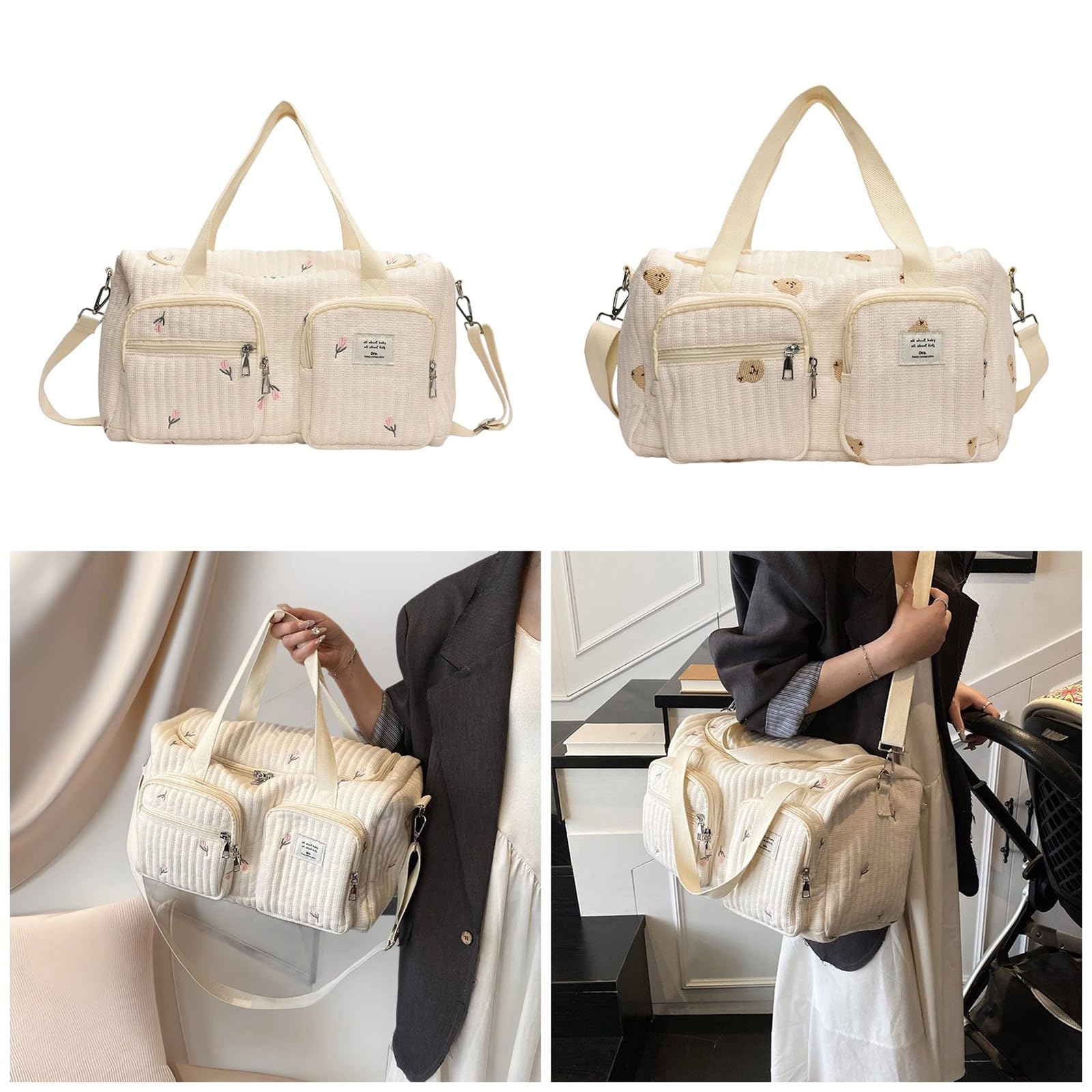 Bolso cambiador de pañales de bebé con bordado de dibujos animados, gran capacidad, organizador de algodón con correa para el hombro