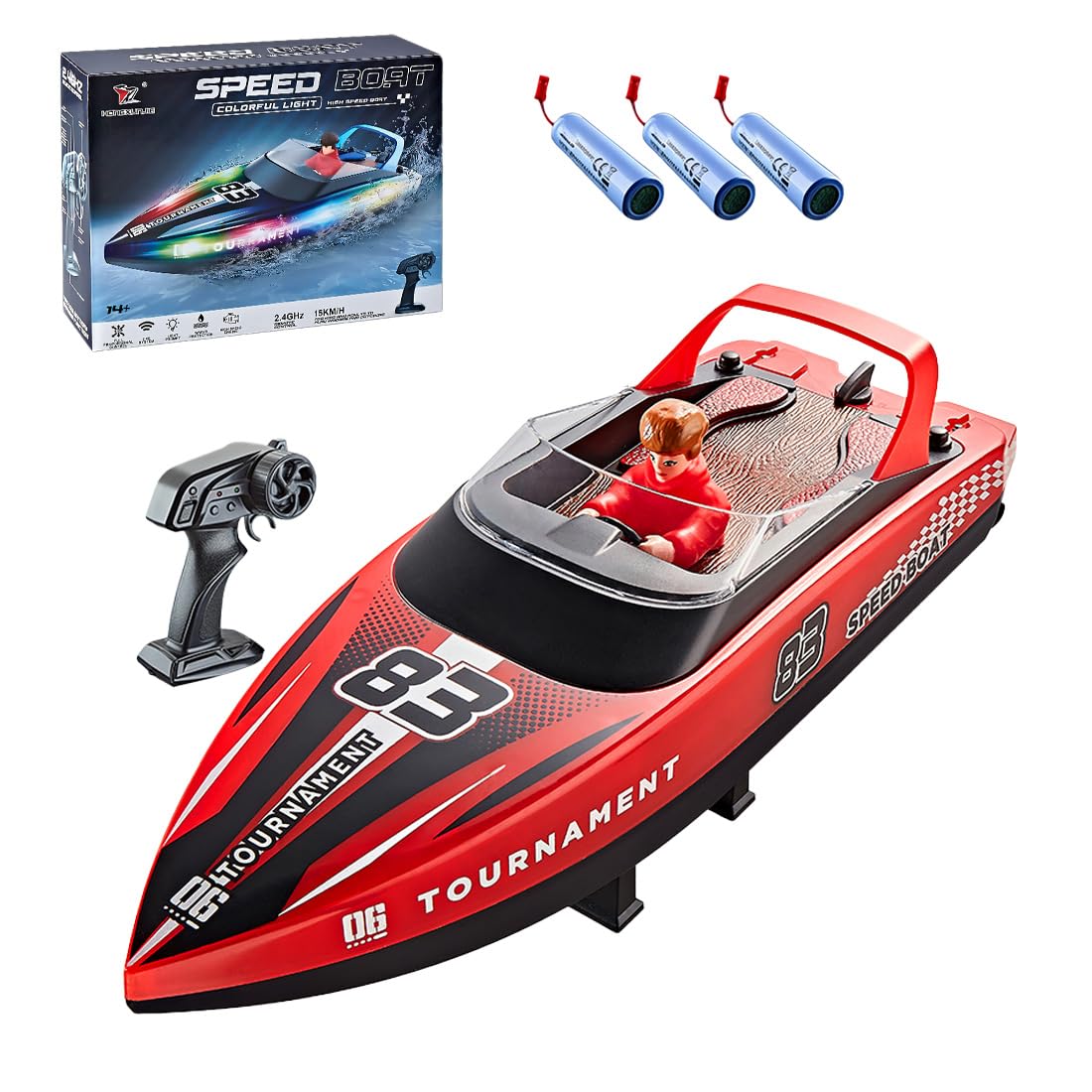 NULA RC Boot Für Pool, See & Teich, 15KM/H Wasserfahrzeug Mit LED Ringbeleuchtung, Dual Motor Antrieb 2,4GHz Ferngesteuertes Boot Für Erwachsene Hobbyisten (Rot/3 Batterie)