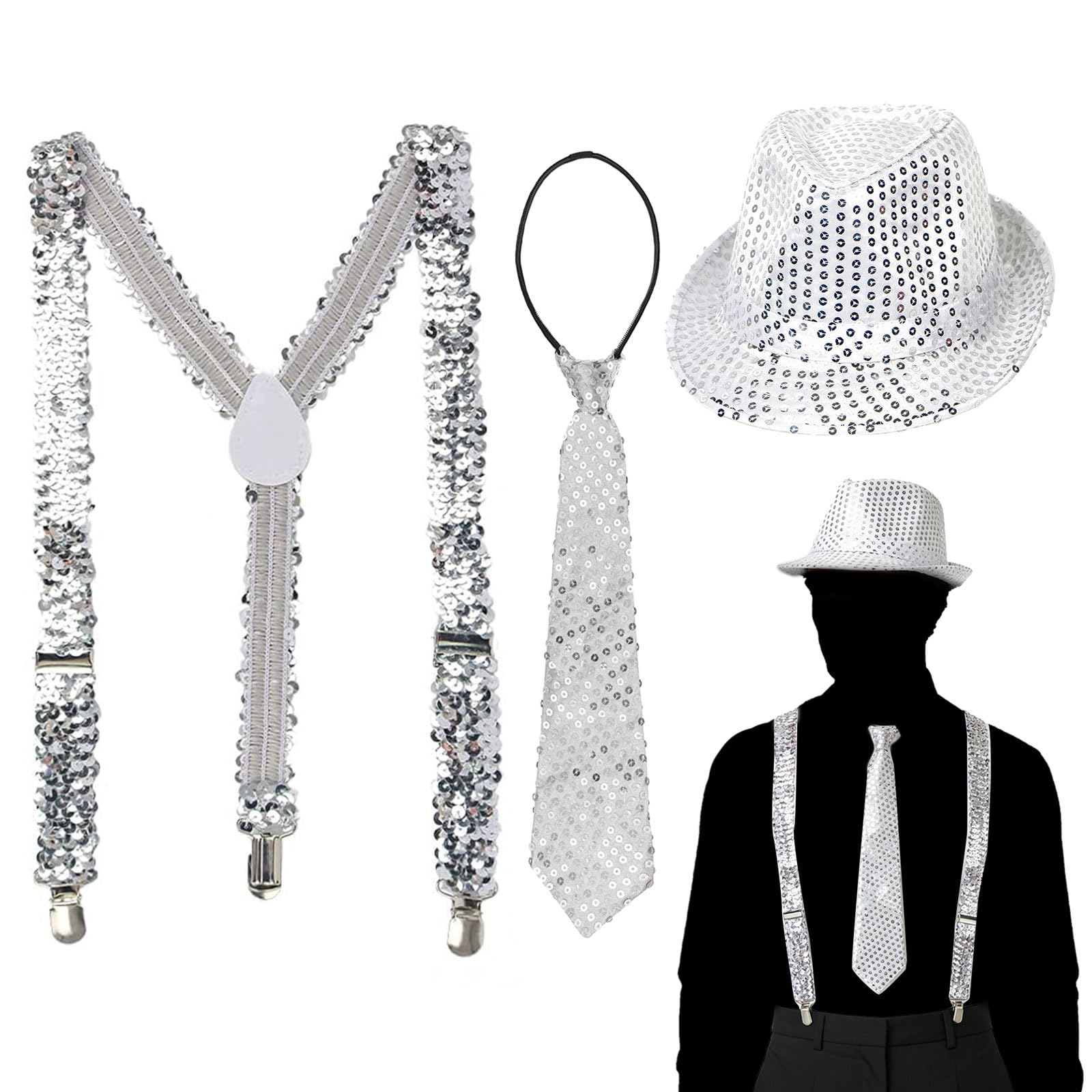 GYIOFAI 3 Pieces Disco Jazz Dance Costume Set,Sparkly Tie Sequin Hat Suspenders 70s Disco Accessories,Sequins Accessorie for Aldult Hip-Hop Theme Hen Party Night (Silver)