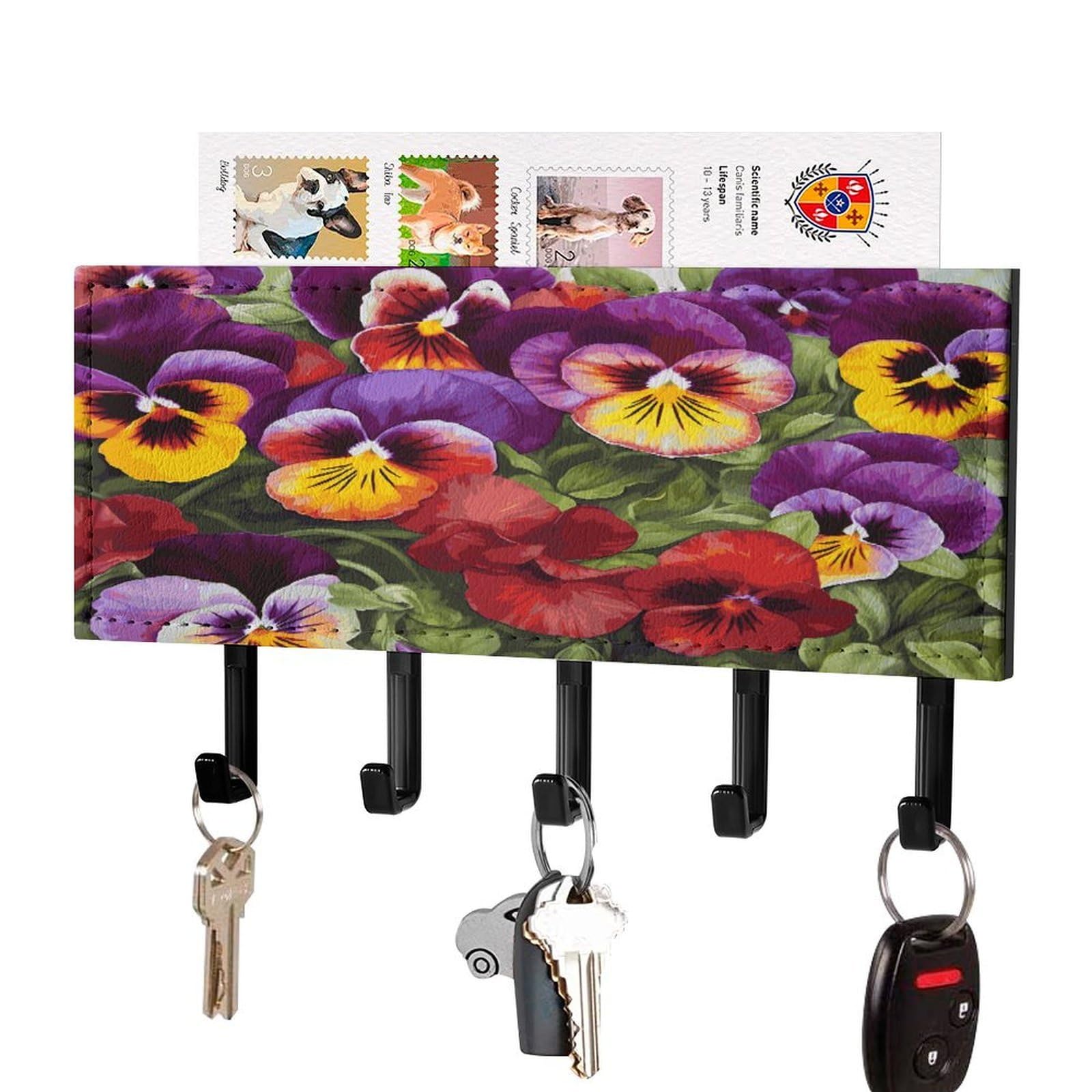 FekiLoot Pansy Perfection Key Holder for Wall Decorative Mail Organizer with 5 Key Hook Self Adhesive Key Rack with Tray Coat Rack Wall Mount Key Hanger Decor for Entryway Door
