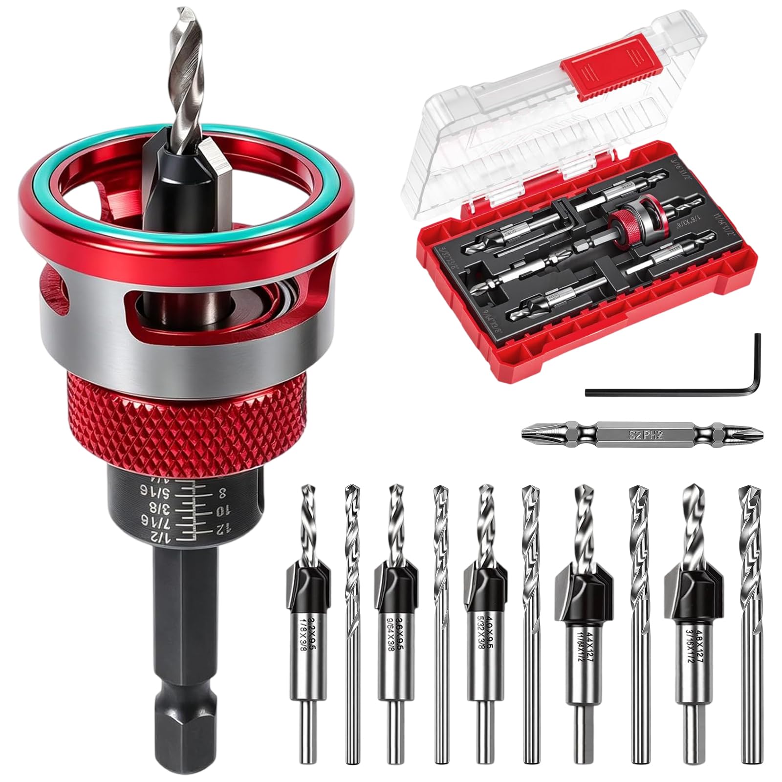 14PCS Countersink Drill Bit Set, 5PCS Two-Flute Alloy Tapered Drill Bits and Adjustable Depth Stop Collar, Counter sink Bits for Wood with Wrench for 82 Degree Woodworking, Plywood and MDF DIY