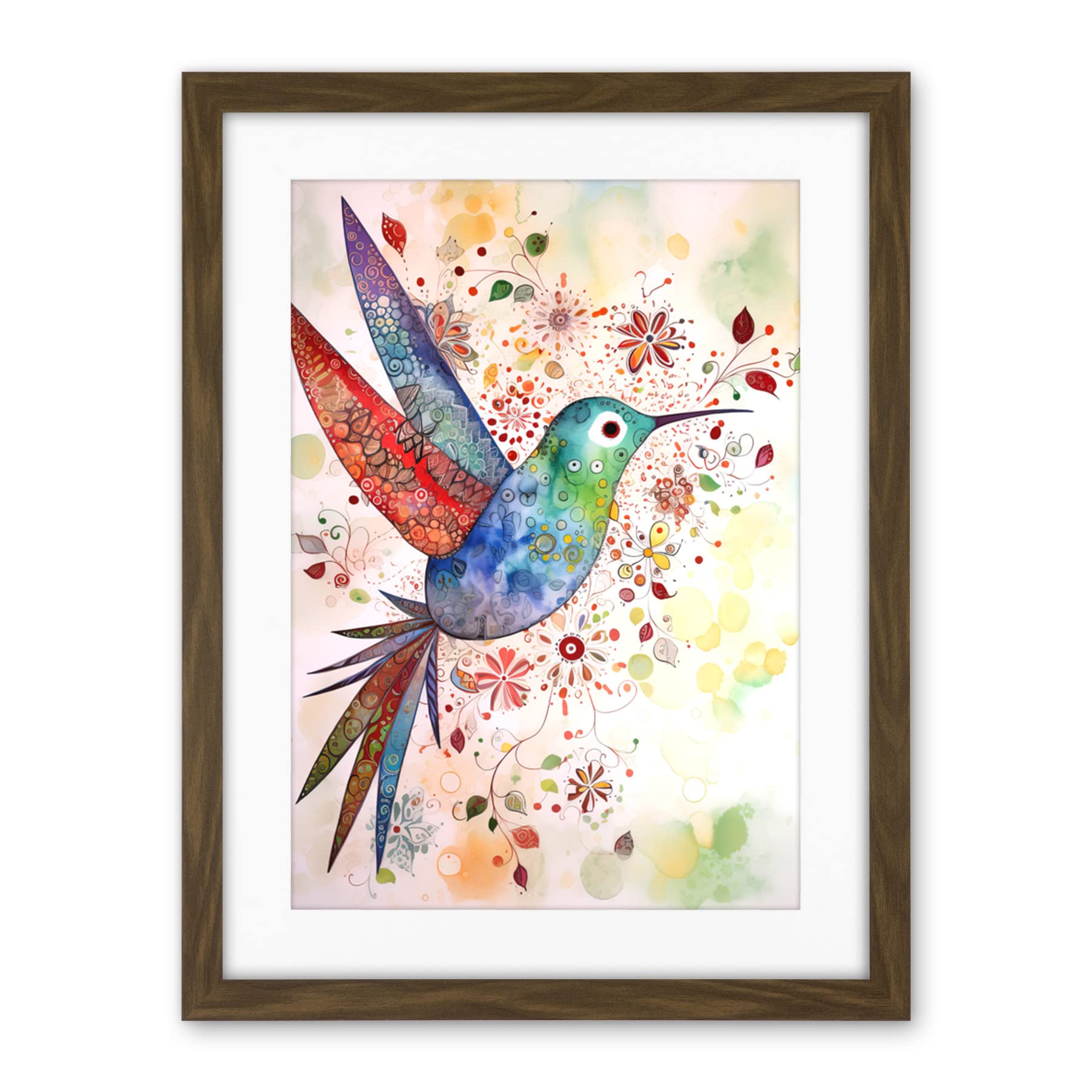 Artery8 Hummingbird With Flower Patterns Folk Art Watercolour Painting Artwork Framed Wall Art Print 18X24 Inch
