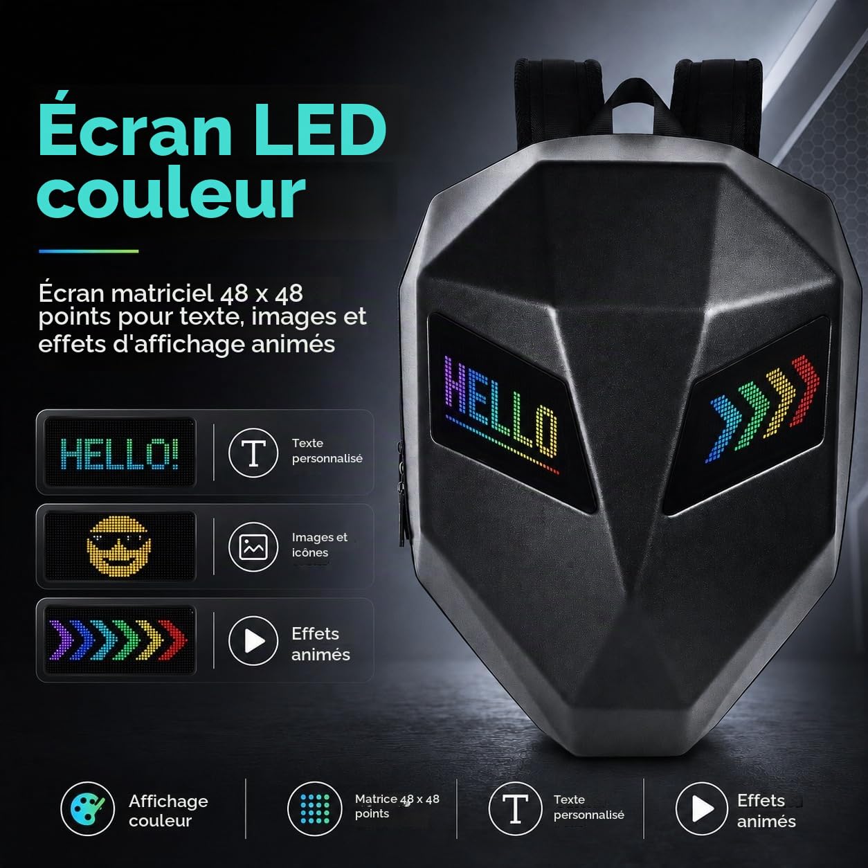 Sac à Dos LED à Coque Rigide 3D, Sac à Dos pour Casque De Moto, Mochila Para Motociclista De Hombre, écran Couleur Programmable, Sac à Dos D'équitation étanche(Piles Non incluses)