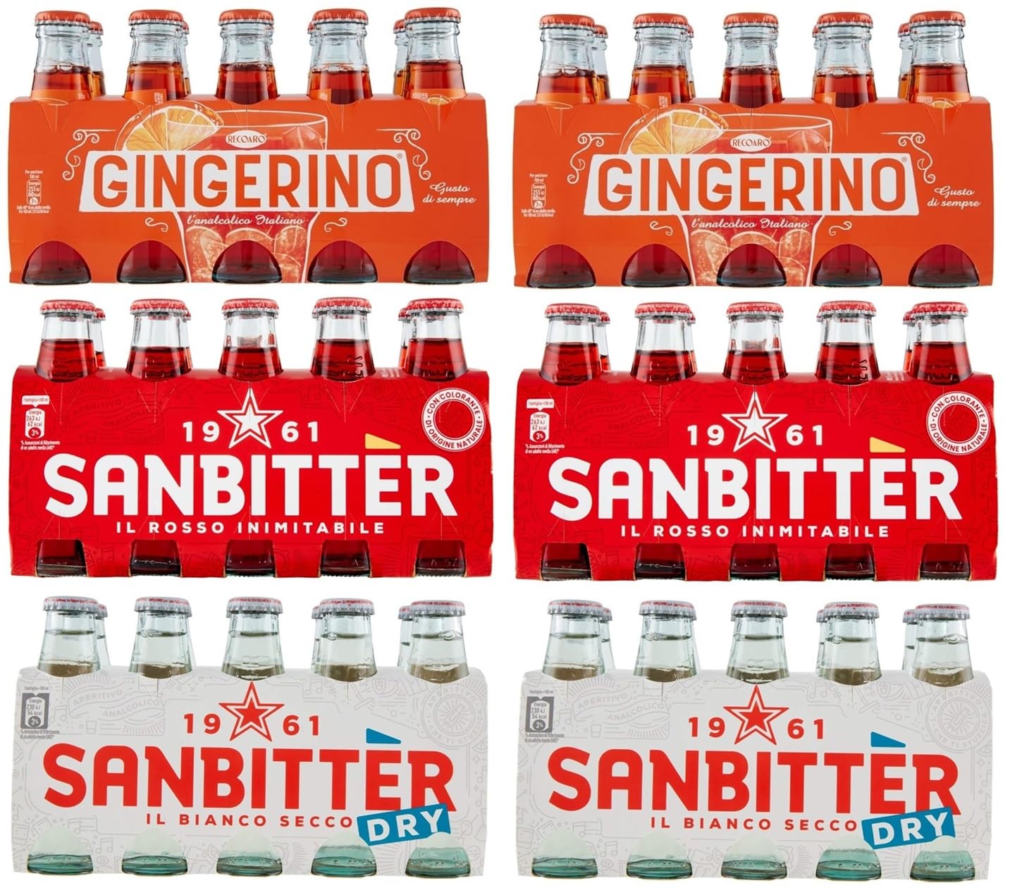 San Bitter Dry Lot de 60 bouteilles en verre jetables Blanc + Gingerino Recoaro + San Bitter Rosso Boisson rafraîchissante sans alcool Apéro italien 10 cl