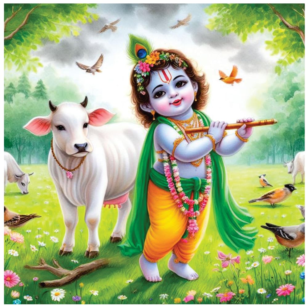 Kaushiki Collection Baby Krishna Flute and Cow Wall Poster for Kids Room, Living Room (Size - 46CM X 46CM)