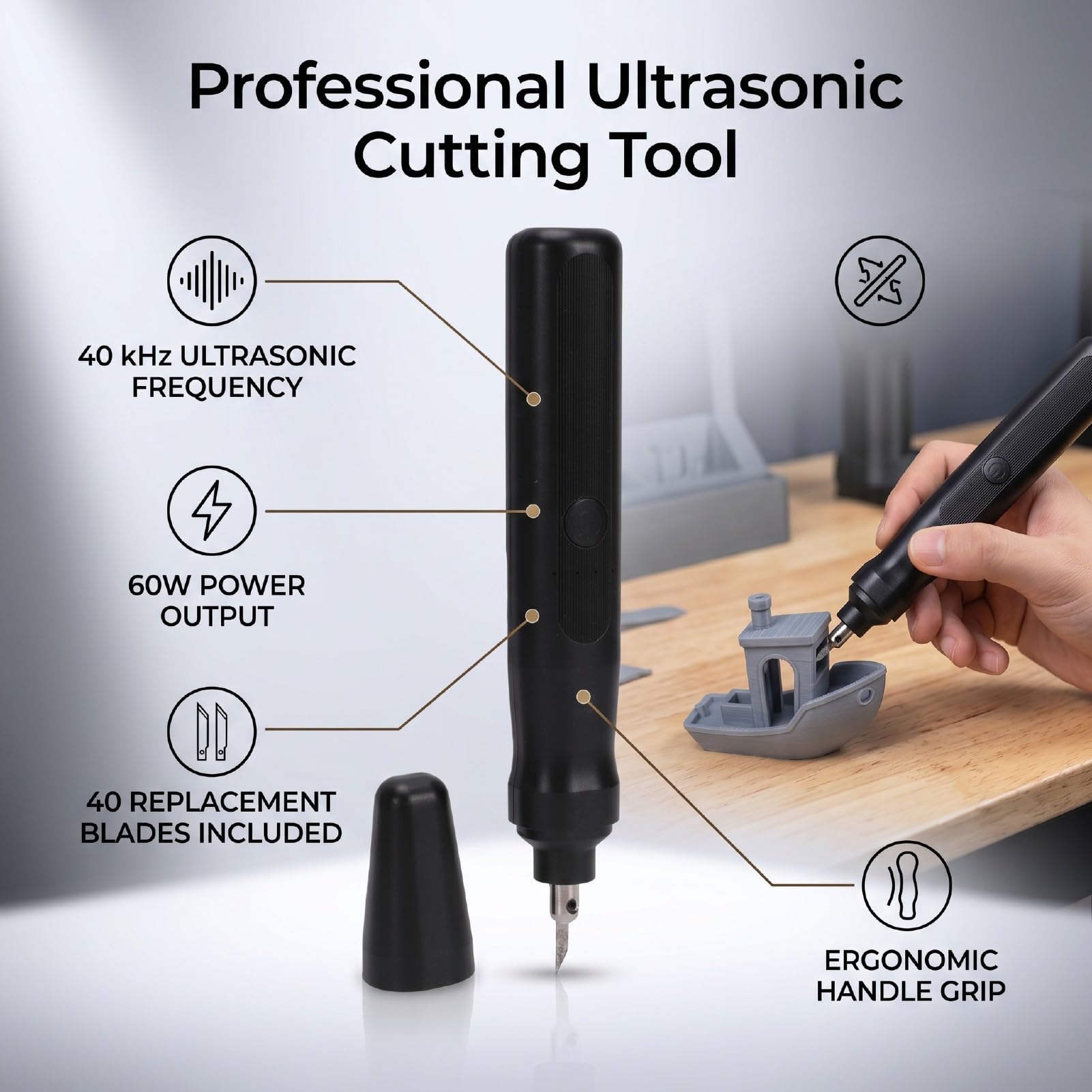 Annadue Taglierina Ultrasonica 40KHz con 40 Lame di Ricambio per Stampa | Kit da taglio elettrico portatile, strumento di sbavatura per plastica, legno, resina, artigianato di precisione, potenza
