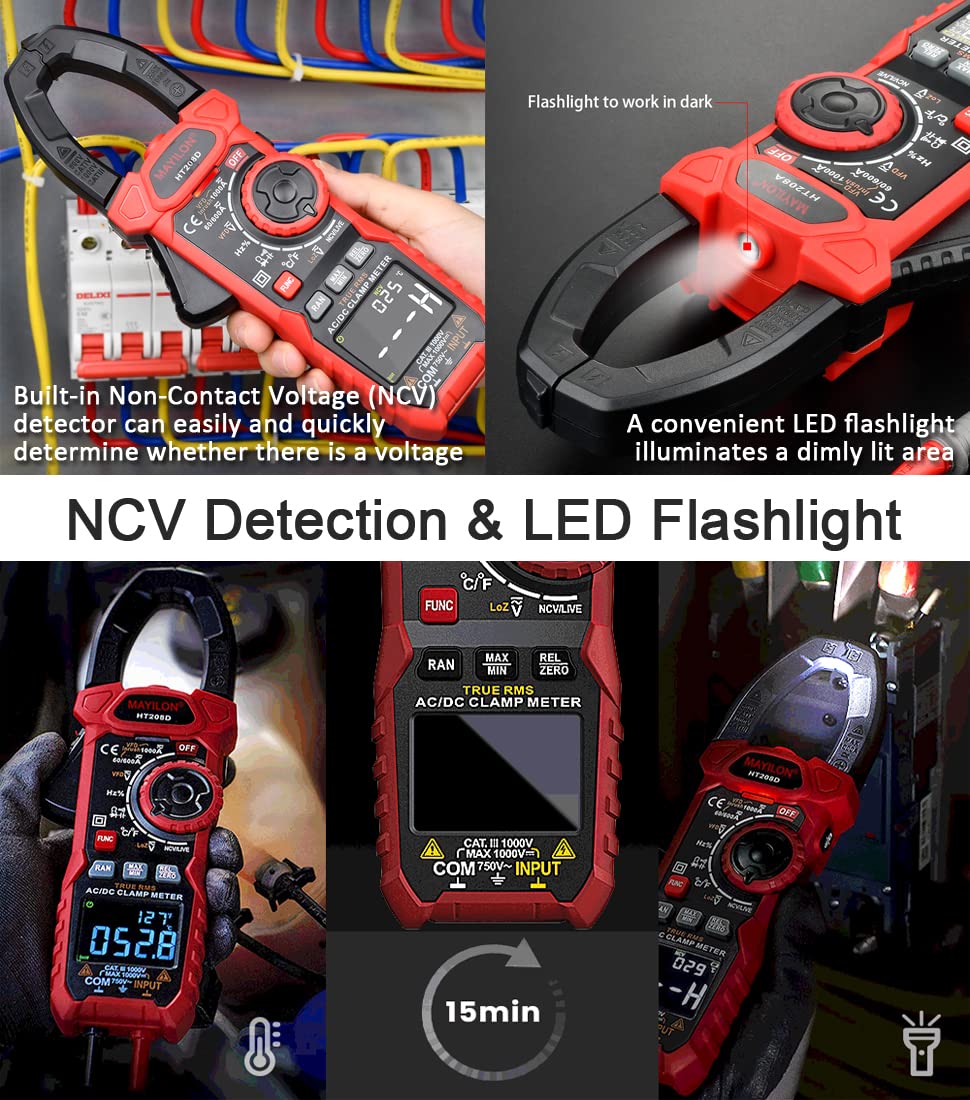 HT208D Einschaltstrom Stromzange, True-RMS Multimeter mit VFD, NCV und RAN Funktion, Misst AC/DC Spannung und Strom, Temperatur, Kapazität, Widerstand, Dioden, Kontinuität, Relativer Wert, LowZ